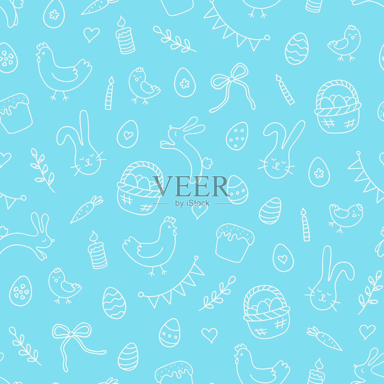 复活节无缝图案以鸡蛋、兔子、母鸡、小鸡等为象征的伟大宗教节日。手绘矢量图插画图片素材