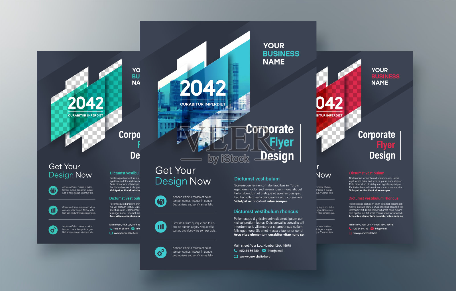 企业传单设计模板A4。3颜色方式包括。适用于宣传册，年度报告，杂志，海报，企业展示，作品集，横幅，网站。插画图片素材