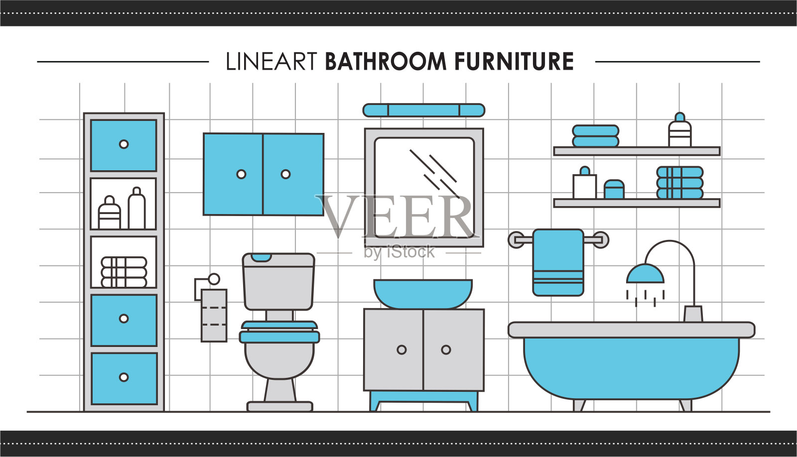 室内横幅设置。卫生间平面图及家具布置。大纲插图的房子内部矢量横幅设置为网页设计设计元素图片
