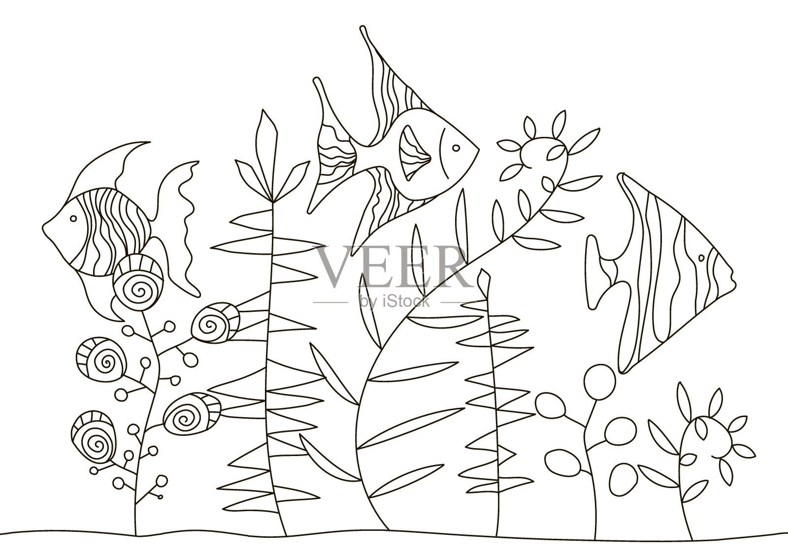 为儿童和成人手绘着色页。一本漂亮的线性涂色书。的创造力。抗压力涂色书热带鱼，藻类，海洋，水下世界插画图片素材
