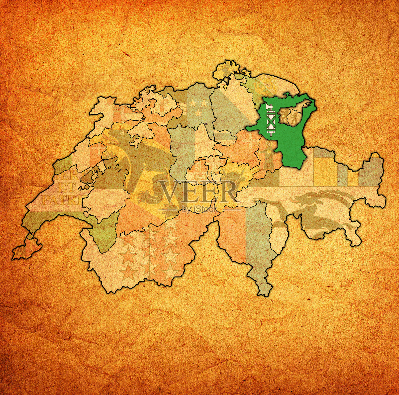 瑞士行政区划地图上的圣加仑旗插画图片素材