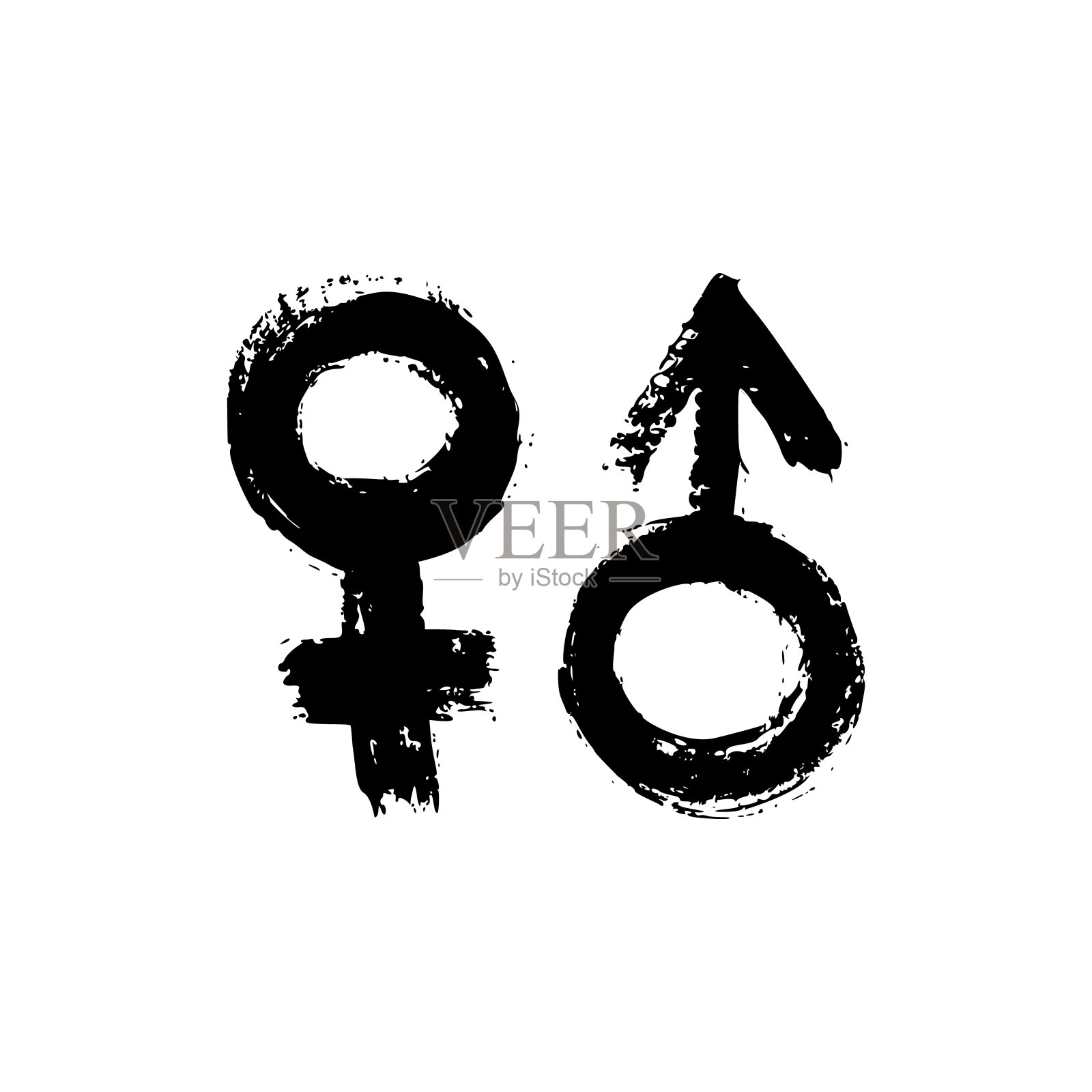 墨水笔触的性别标志。矢量垃圾摇滚符号金星和火星。男性和女性图标的肮脏纹理。图标素材