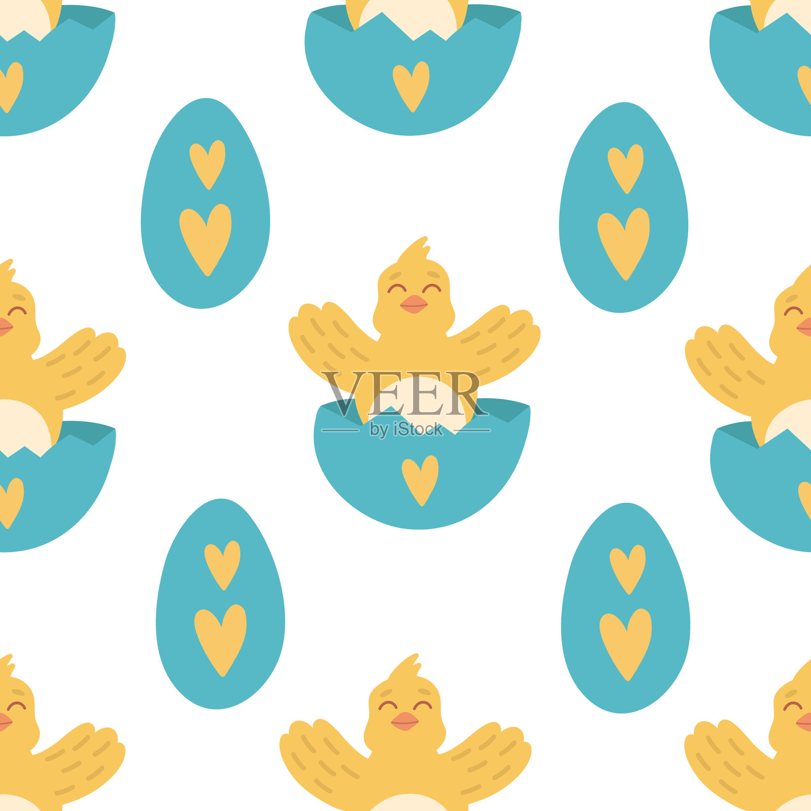 无缝图案与复活节蛋和鸡。黄色的小鸡快乐。适用于布料和墙纸。插画图片素材