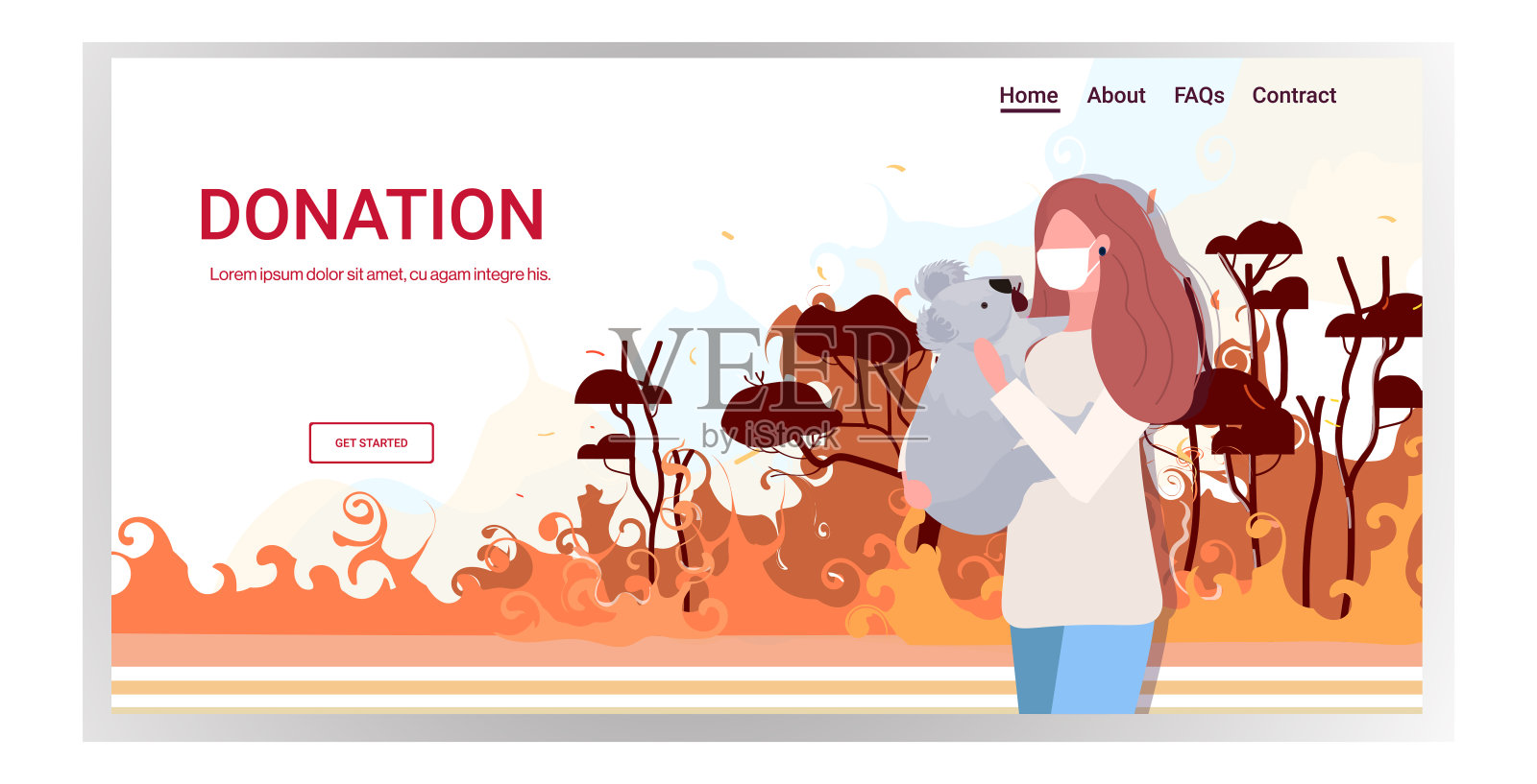 戴面具的妇女抱着考拉熊森林火灾动物死于野火丛林火灾自然灾害祈祷澳大利亚捐赠概念强烈的橙色火焰横向肖像复制空间插画图片素材