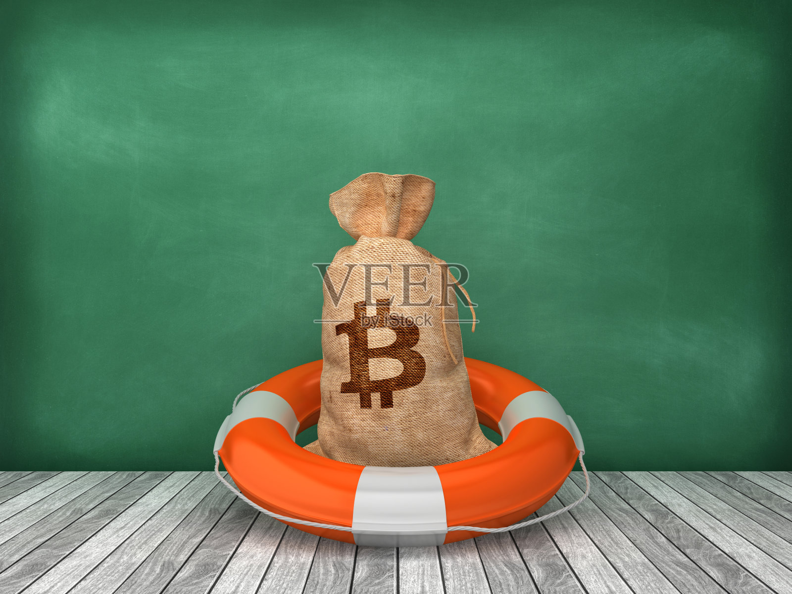 生活带比特币金钱袋木地板-黑板背景- 3D渲染照片摄影图片