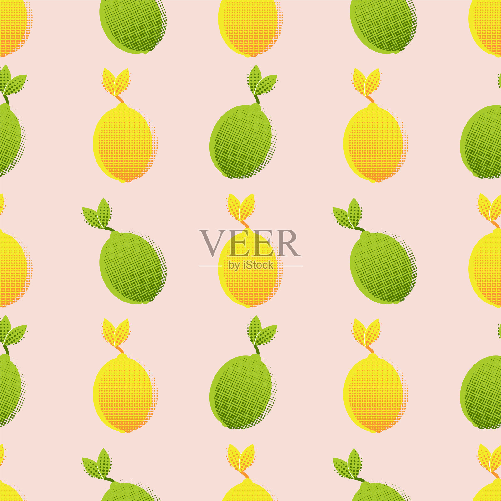 波普艺术风格无缝图案的柑橘类水果在橙色，绿色和黄色，叶子。向量和样本。插画图片素材