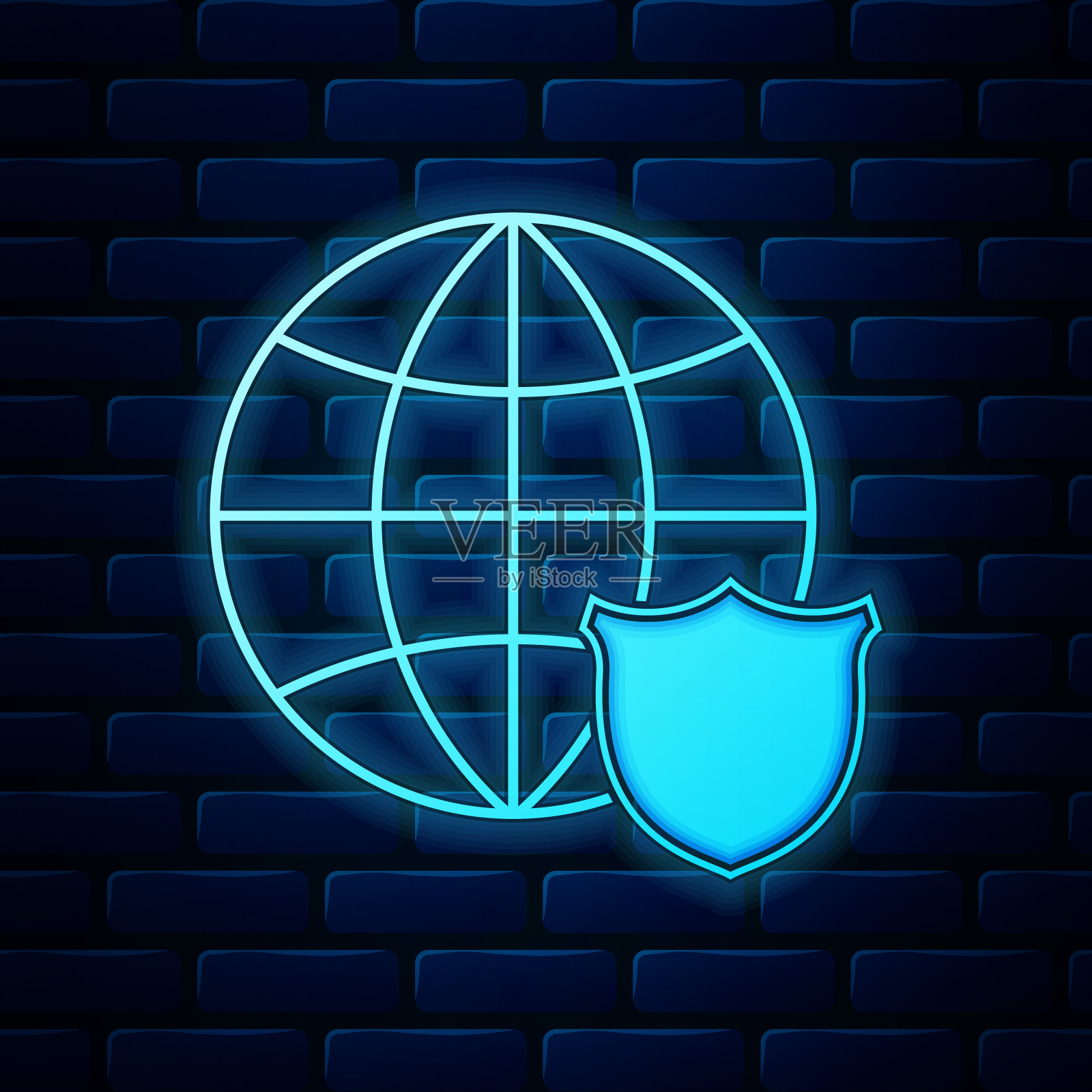 发光的霓虹灯盾与世界地球图标隔离在砖墙的背景上。安全、安全、保护、隐私的理念。矢量图插画图片素材