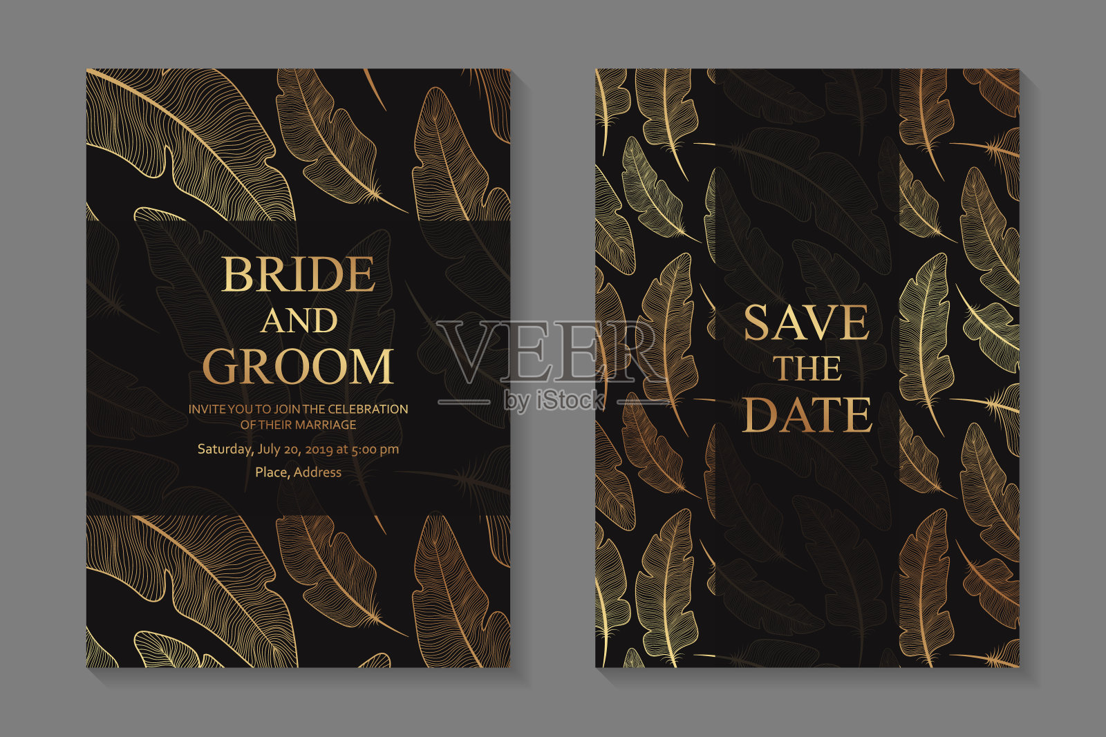 一套现代几何豪华婚礼邀请设计或名片模板的商务或演示或问候。设计模板素材