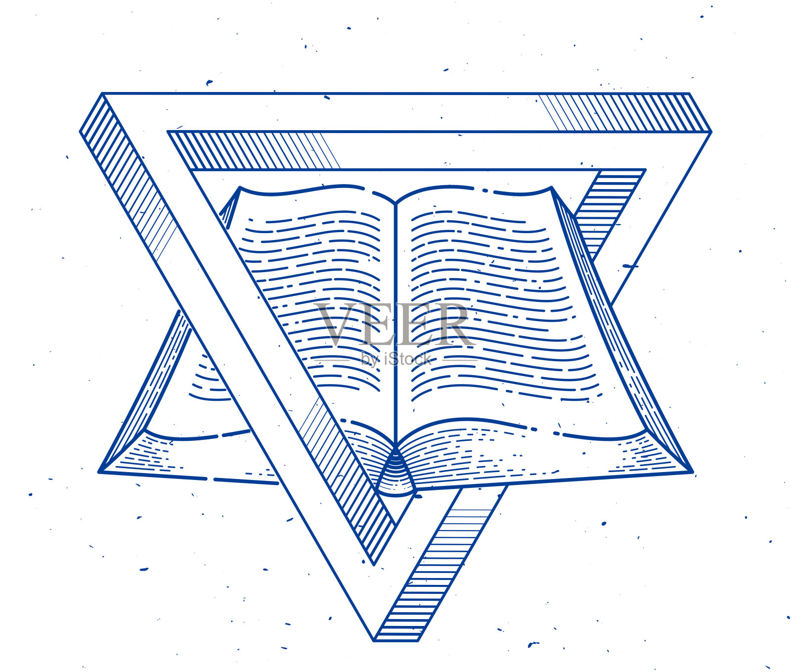 秘密知识古董打开书与神圣的几何三角形，洞察力和启蒙，教育和科学，矢量标志或徽章设计元素。插画图片素材