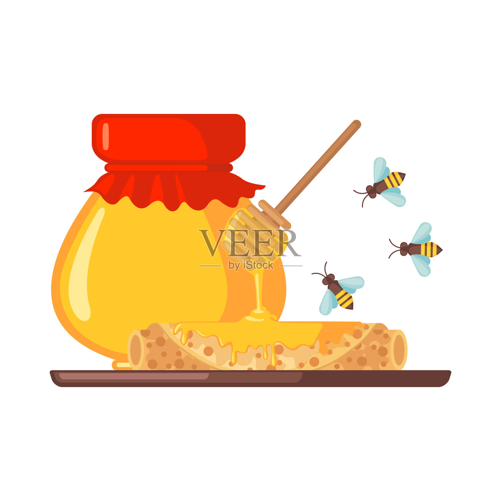 堆叠的煎饼与蜂蜜矢量图标在平面风格孤立的白色背景。插画图片素材