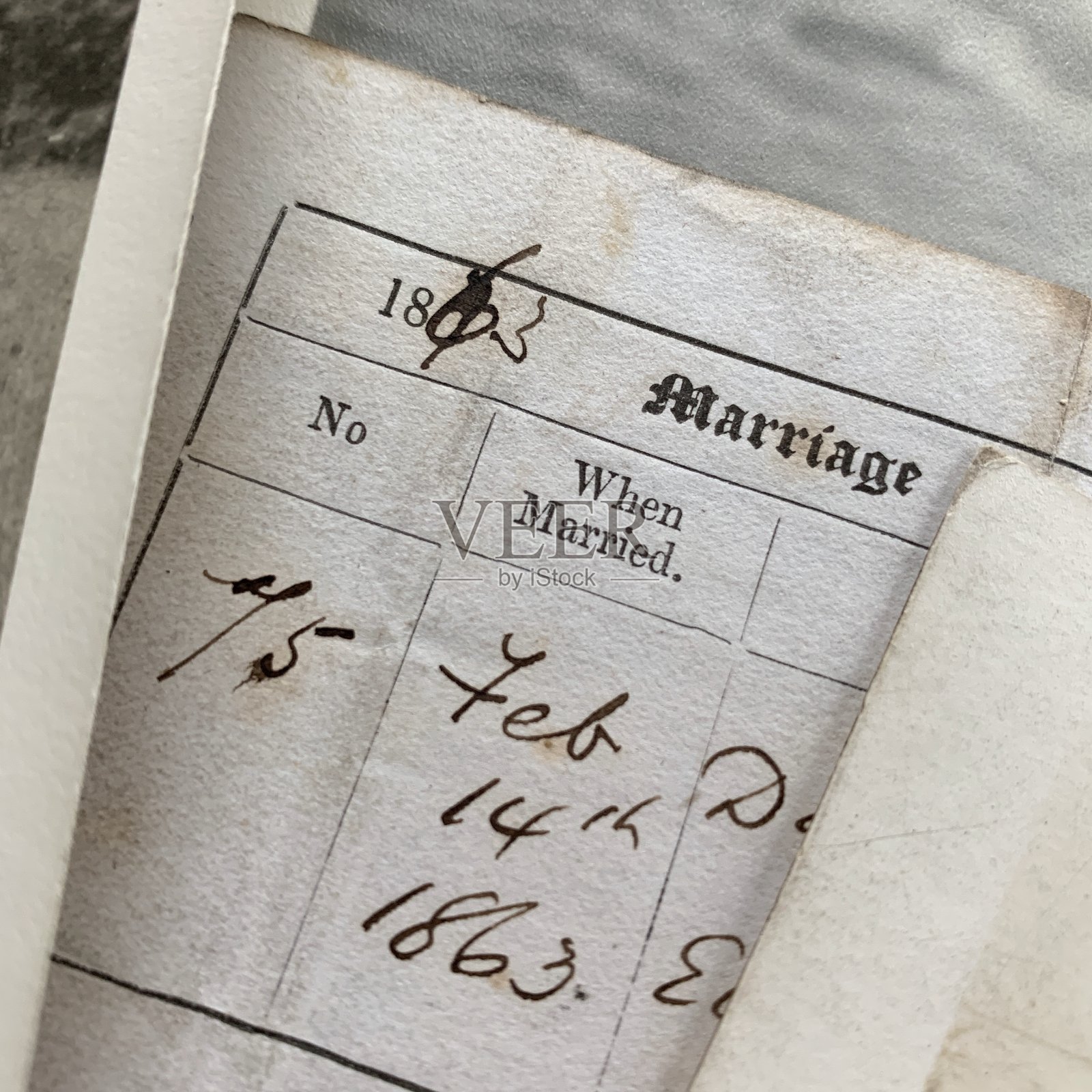 带有照片的古董结婚证特写照片摄影图片