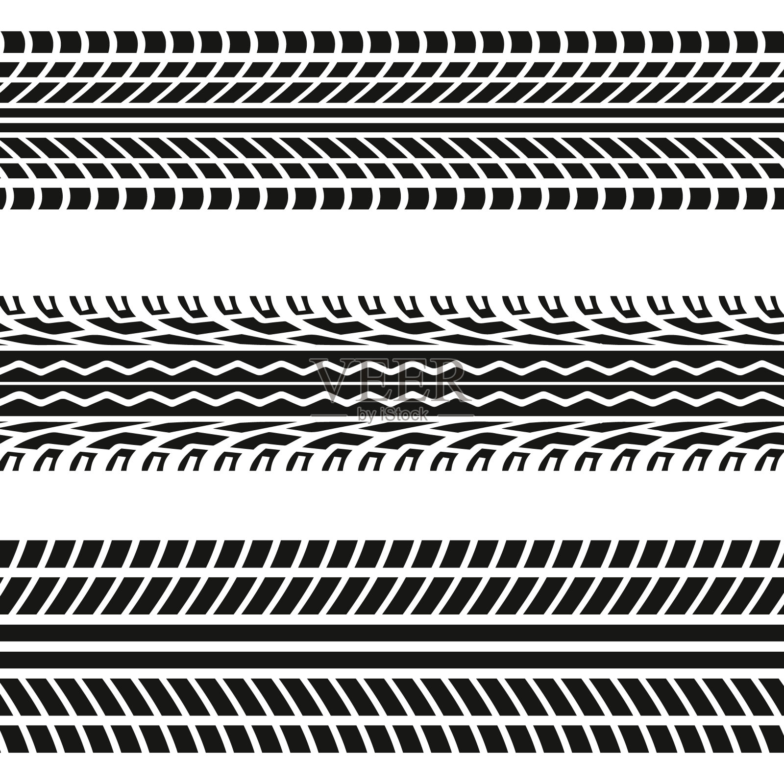 一组无缝汽车轮胎轨道隔离在白色背景，无缝矢量纹理插画图片素材