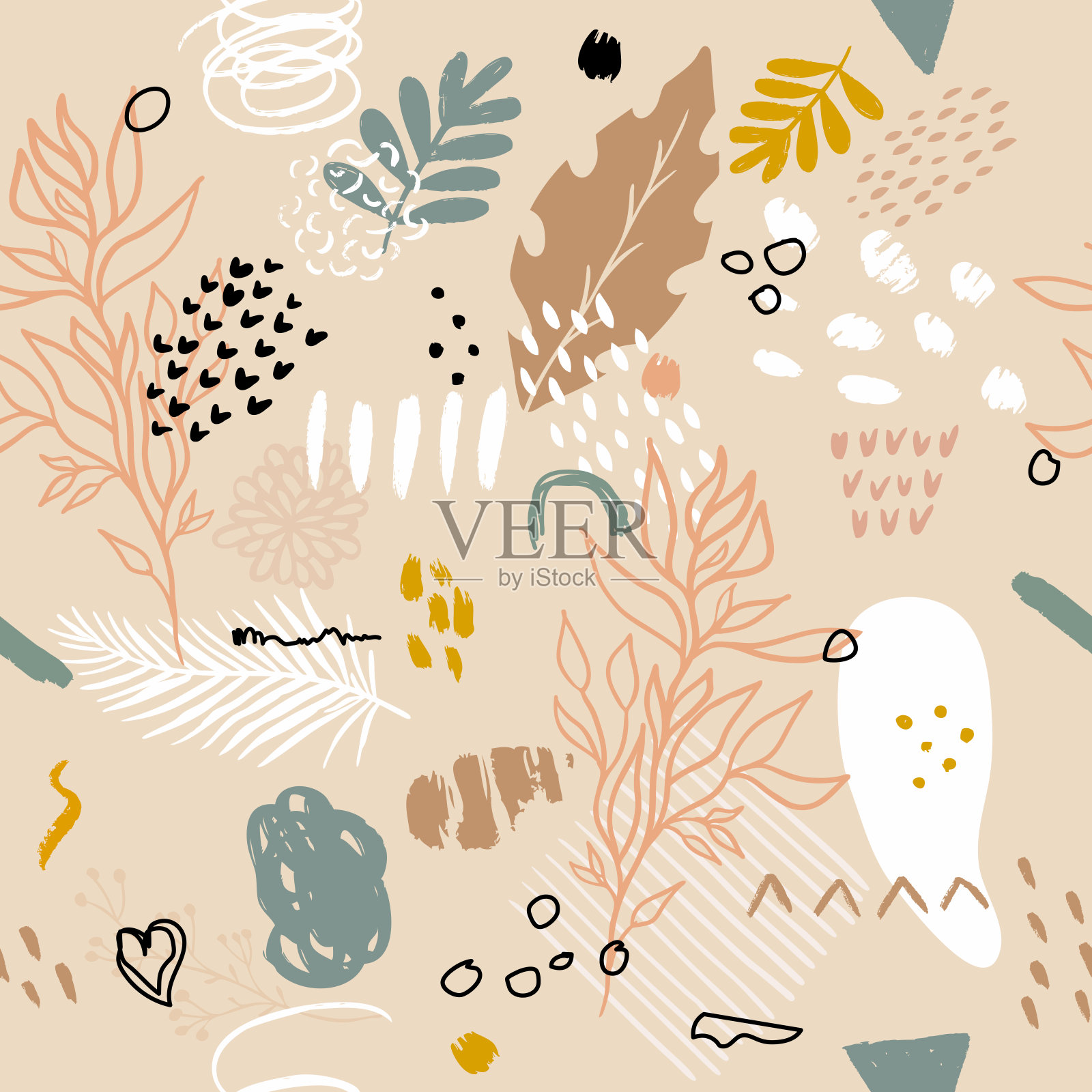 无缝奇异图案与植物元素。向量插画图片素材