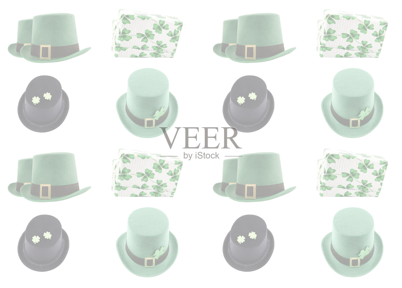 圣帕特里克透明图案节日礼盒，帽子绿色和黑色从毛毡上孤立的背景照片摄影图片