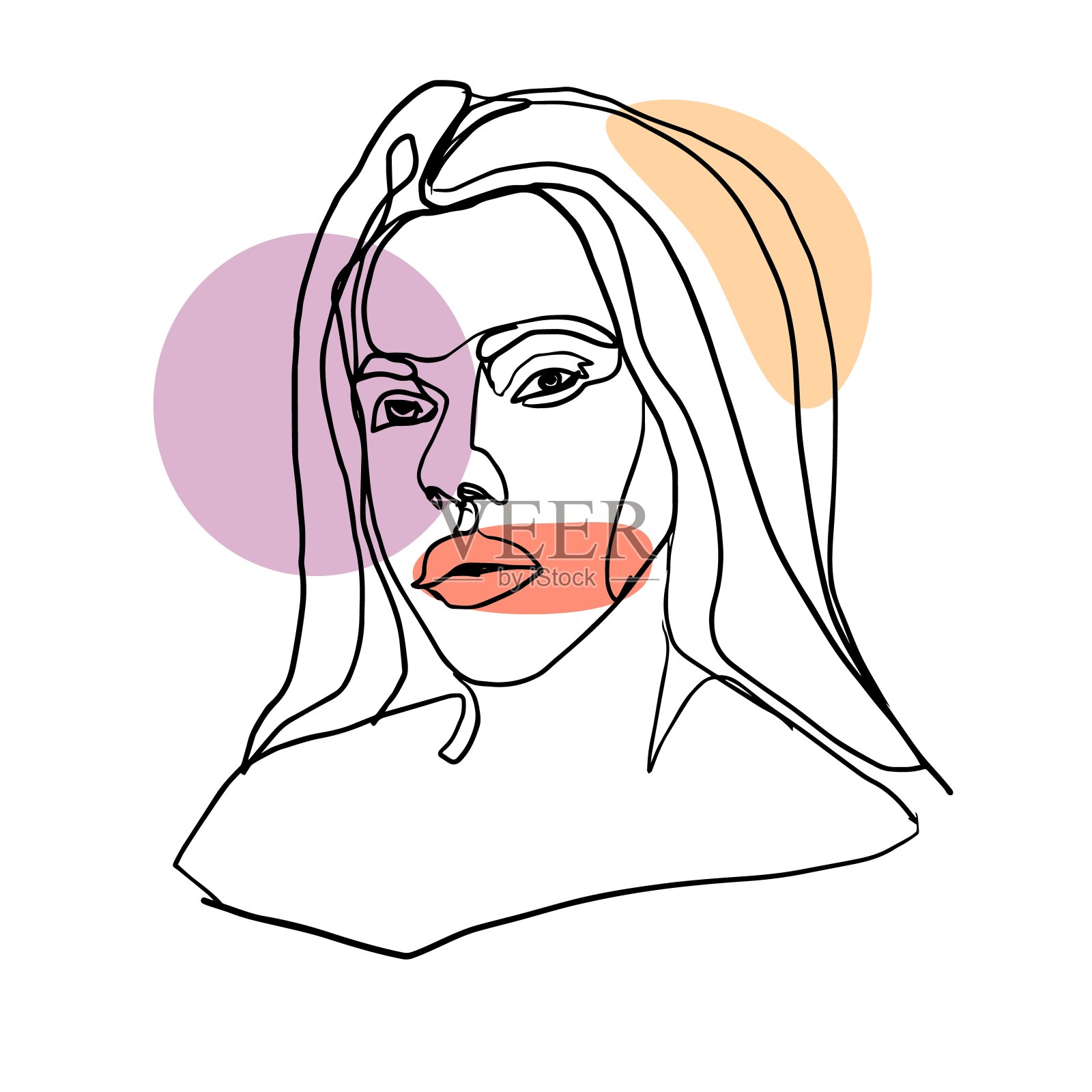 一个美丽女孩的抽象脸是用一条连续的线画出来的。插画图片素材