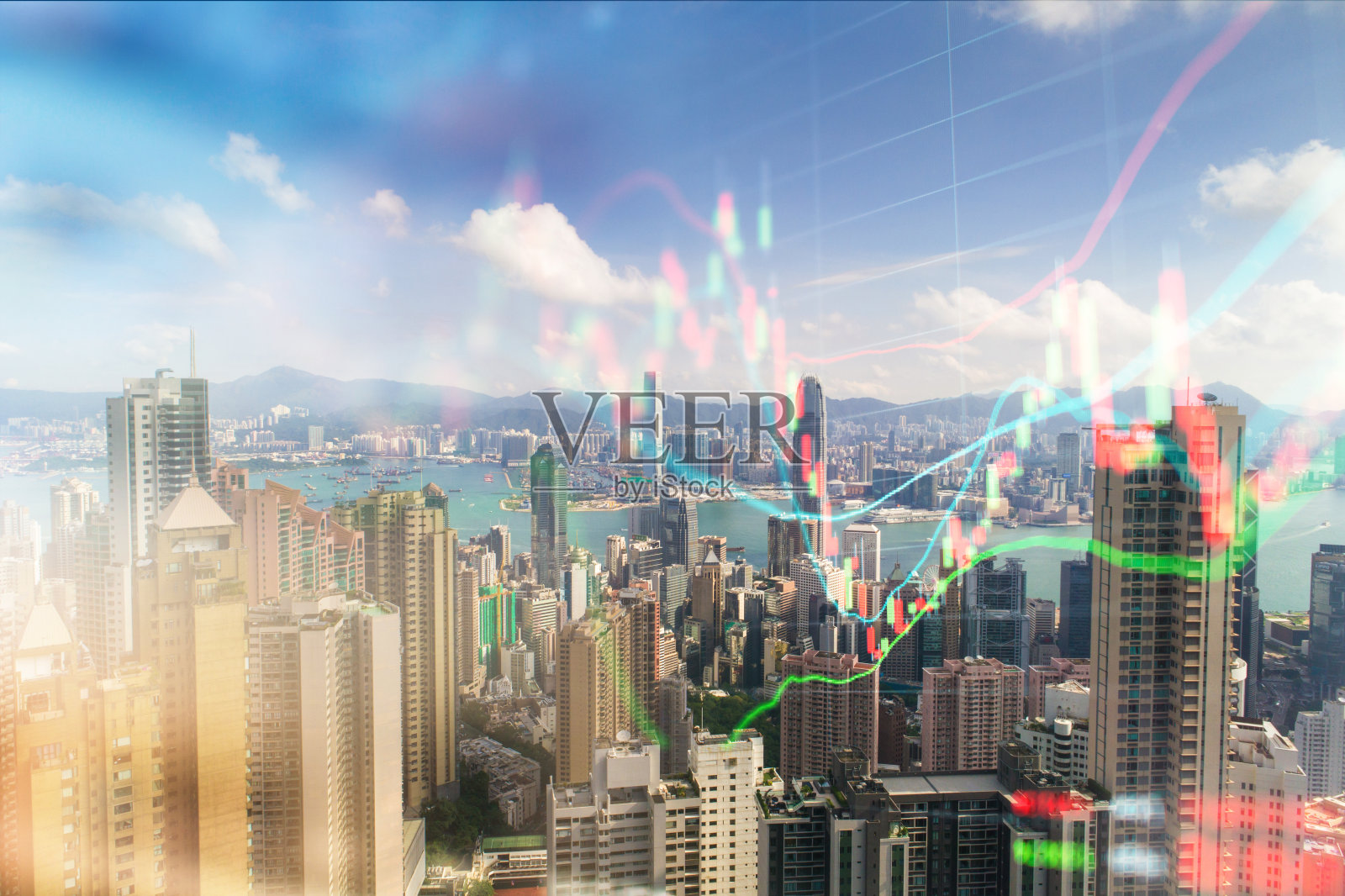 投资与科技商业主题背景，无人机视角下的香港维多利亚港城市景观照片摄影图片