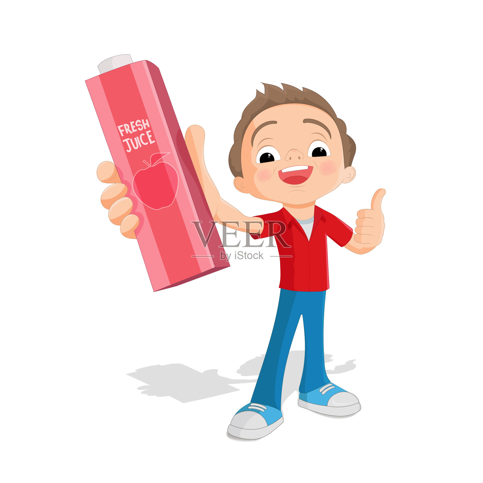 一个男孩拿着一瓶果汁在白色背景上的插图插画图片素材