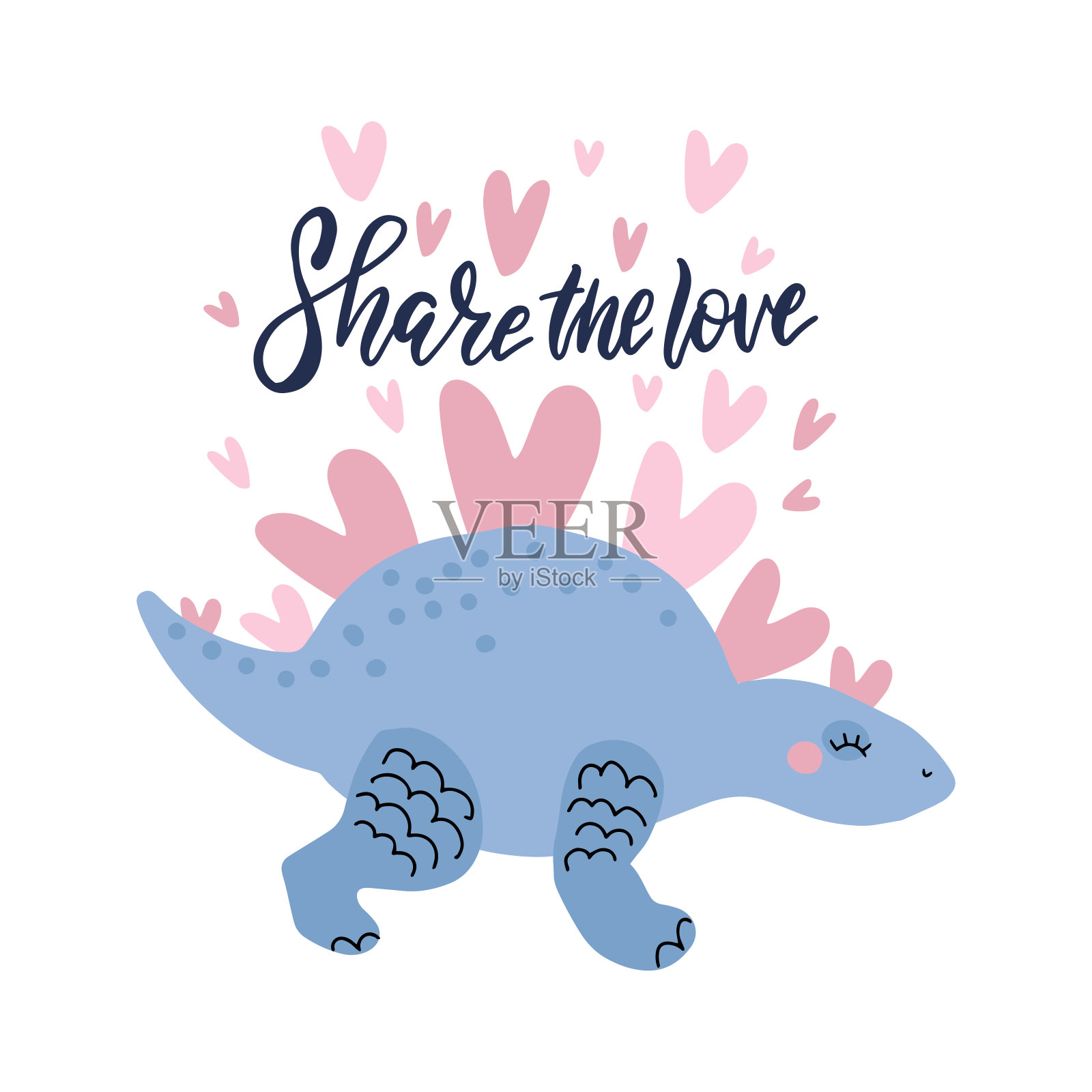 可爱恐龙的浪漫矢量插图与心分享爱。幼稚的手绘恐龙在爱的贺卡，邀请，海报与字母分享爱。会飞的心插画图片素材