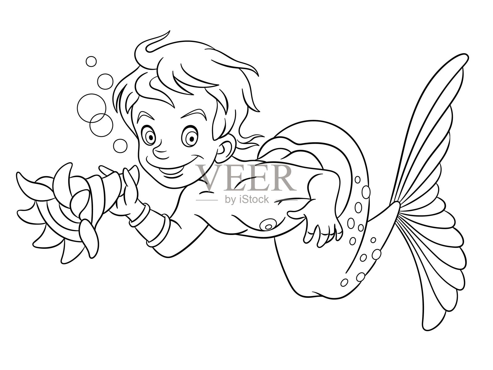 漫画美人鱼男孩的涂色页插画图片素材