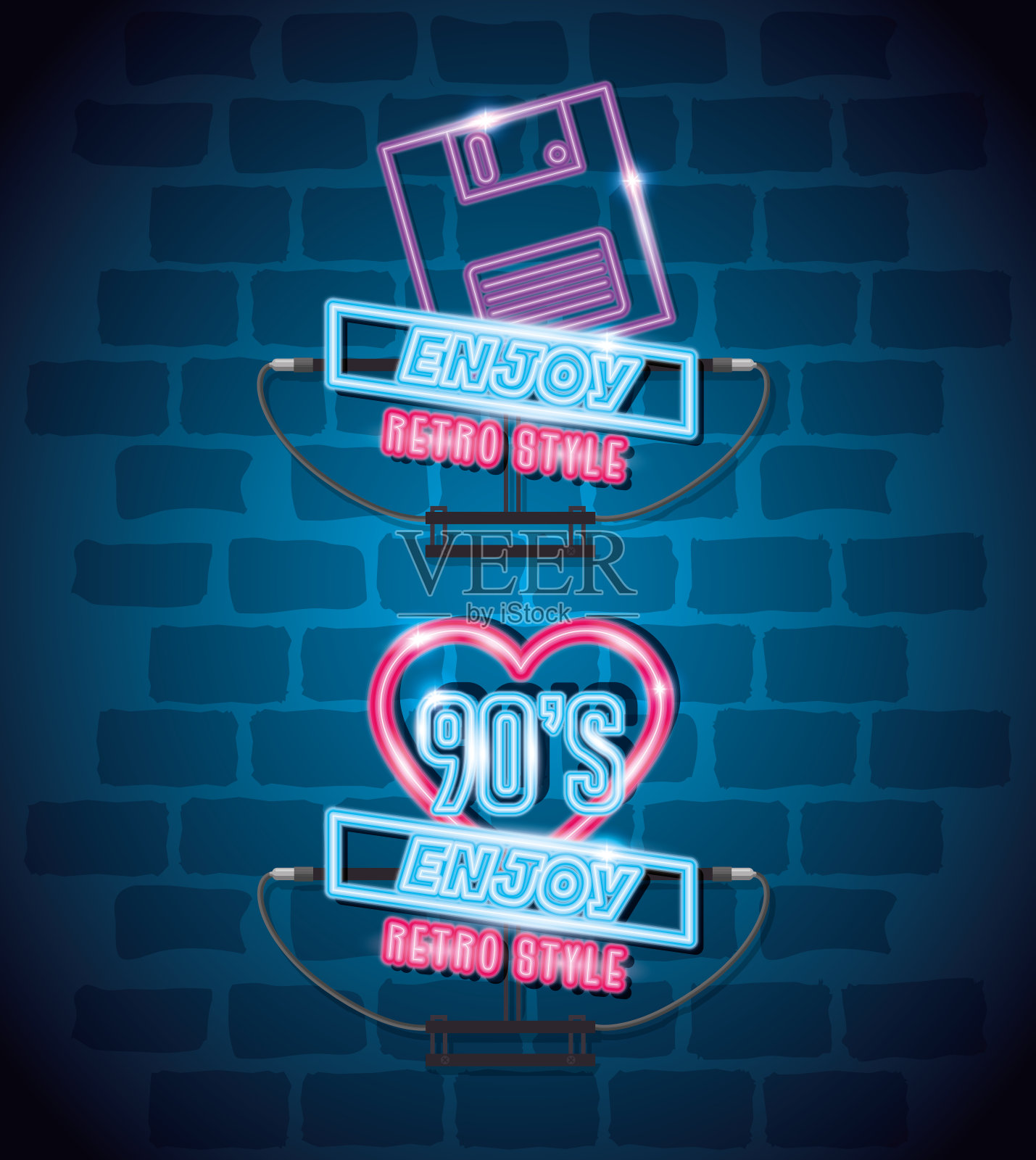 一套标签九十年代复古风格霓虹灯插画图片素材