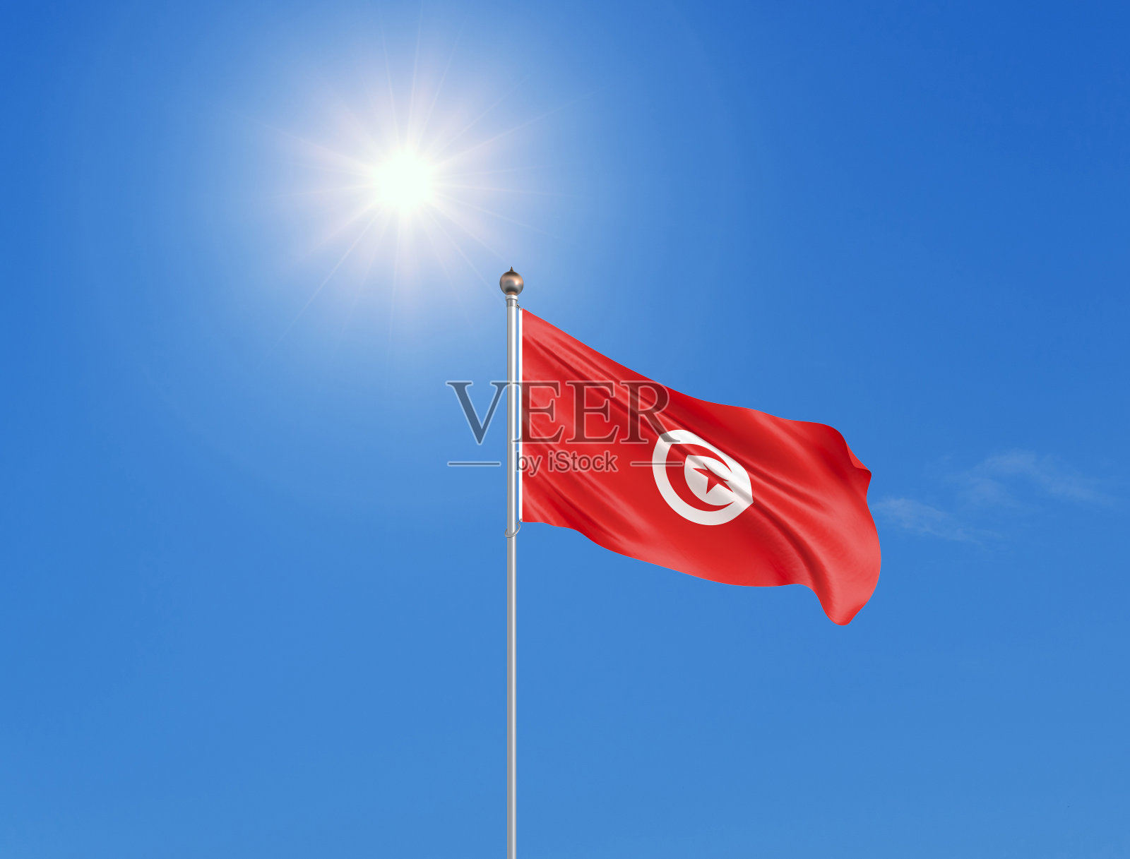 3 d演示。彩色飘扬的突尼斯国旗在阳光明媚的蓝天背景下。照片摄影图片