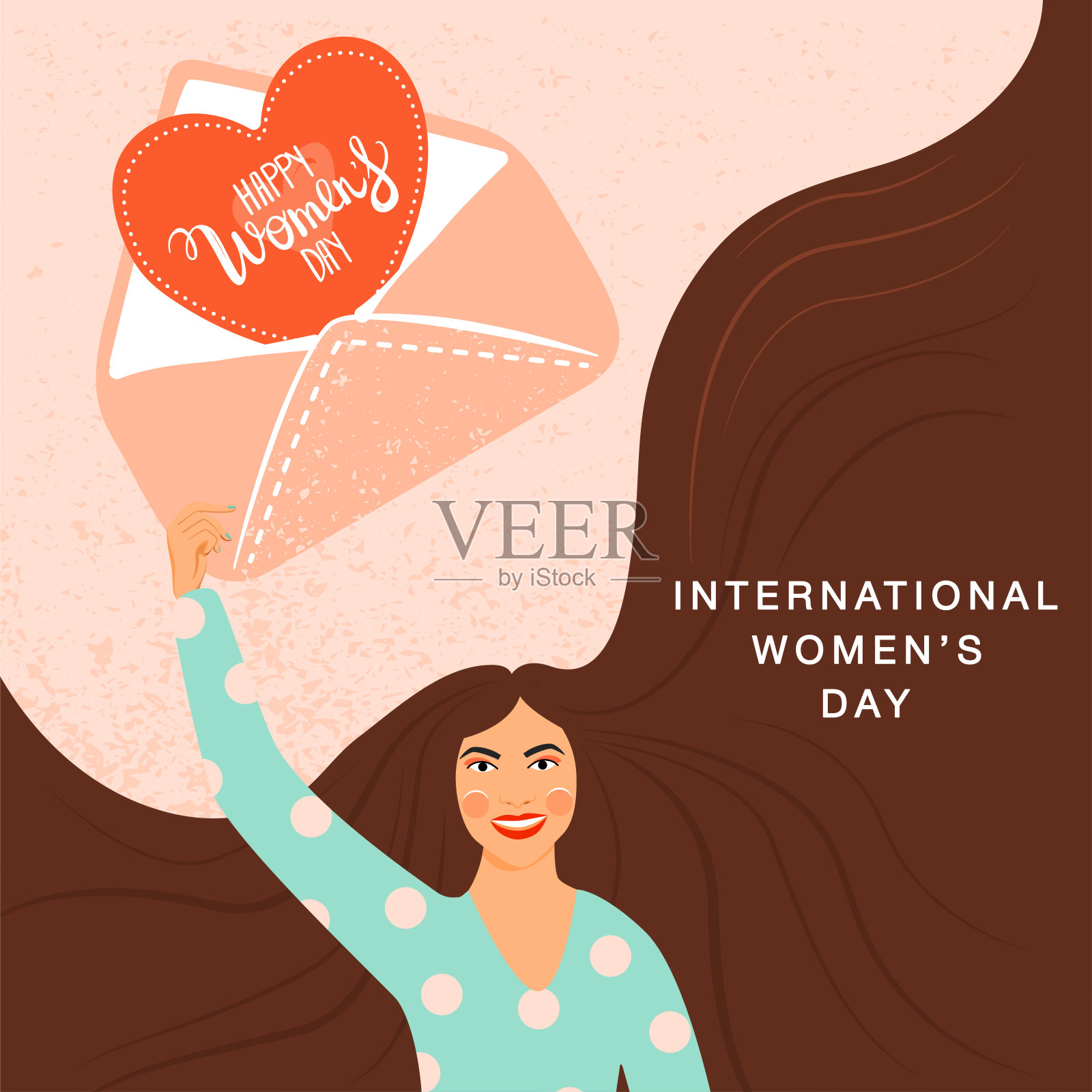 3月8日国际妇女节贺卡。可爱的女人拿着心形的信封，祝贺你。插画图片素材