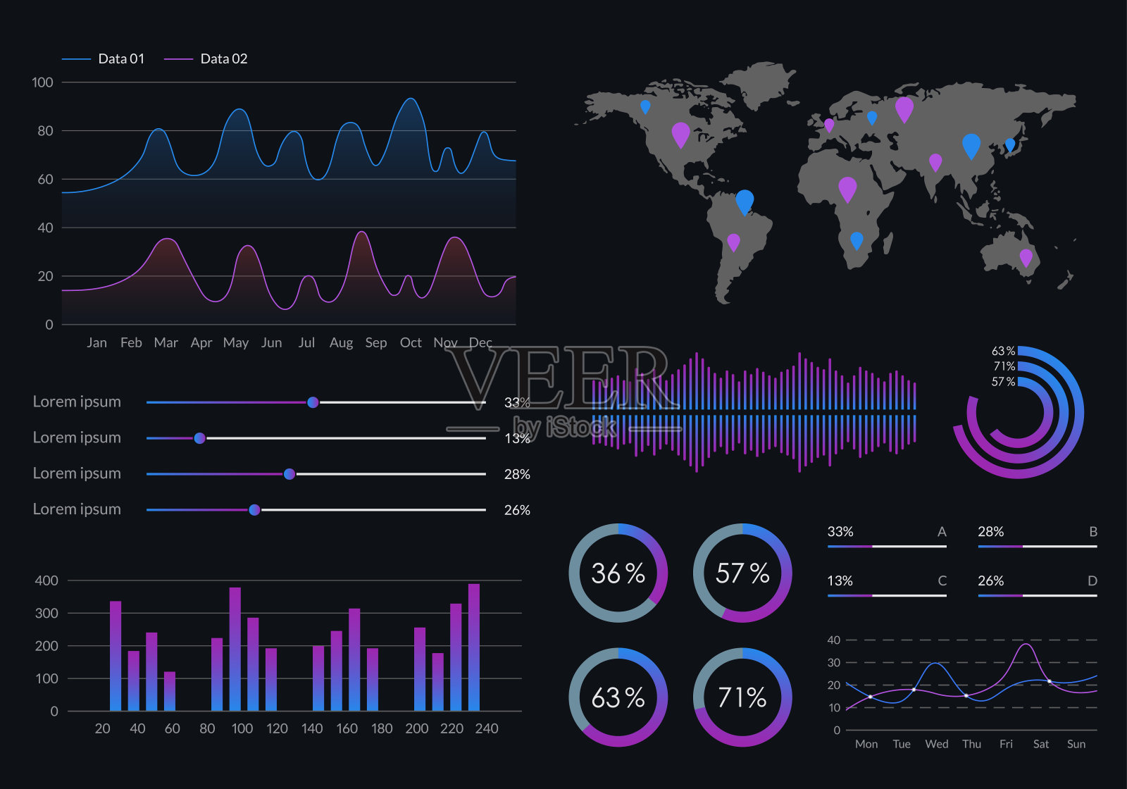 信息图表仪表板模板与图表，图表和图表。Ui设计图形元素。矢量插图。插画图片素材