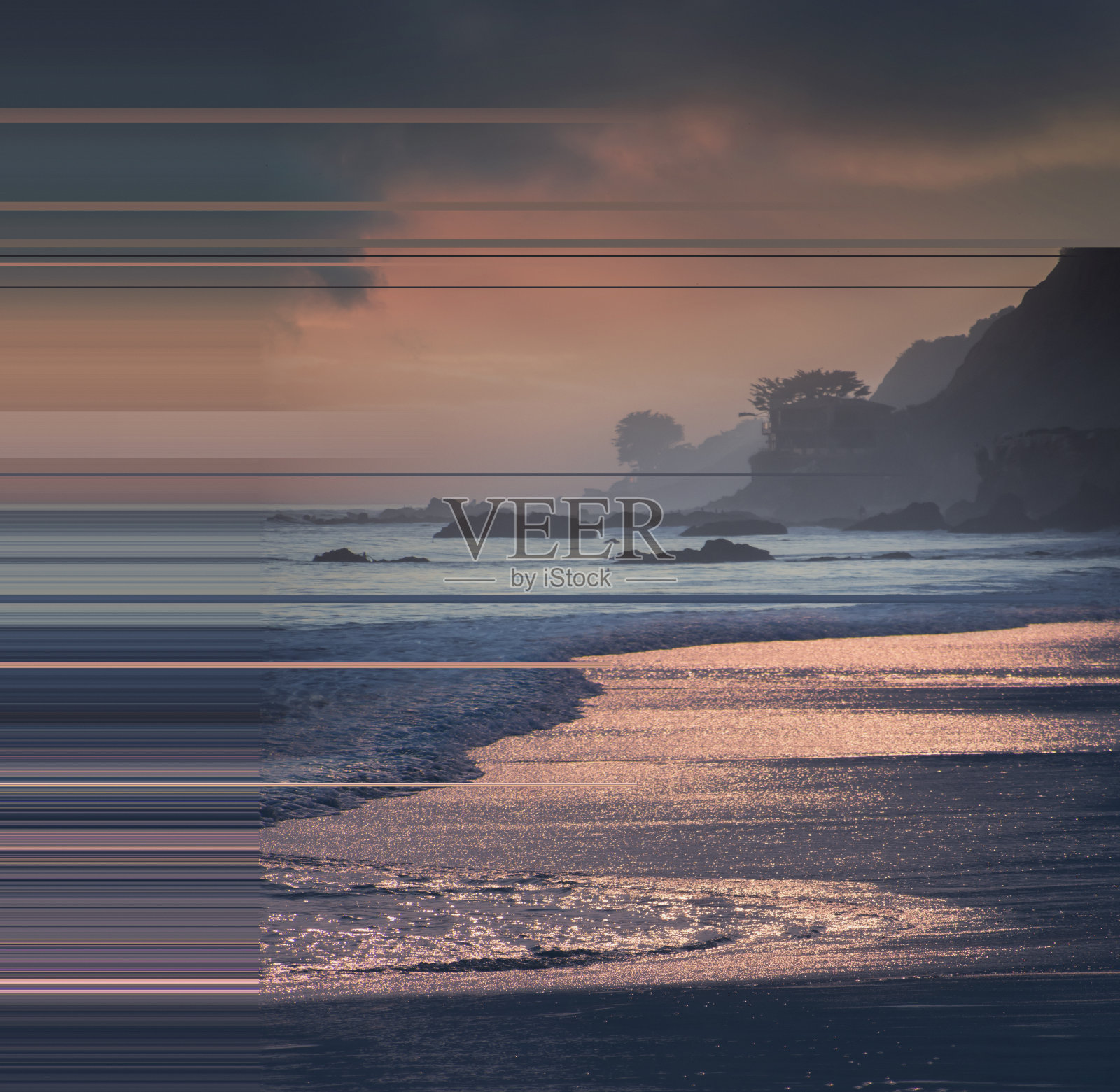 在glitch技术的马里布海滩日落照片摄影图片