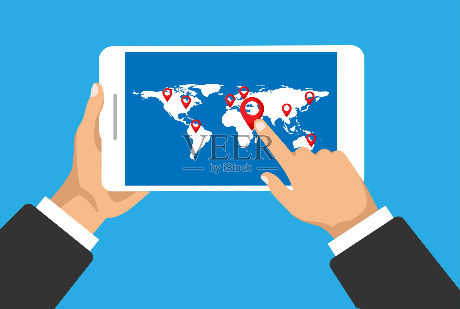 手持电话与世界旅行地图和定位。插画图片素材