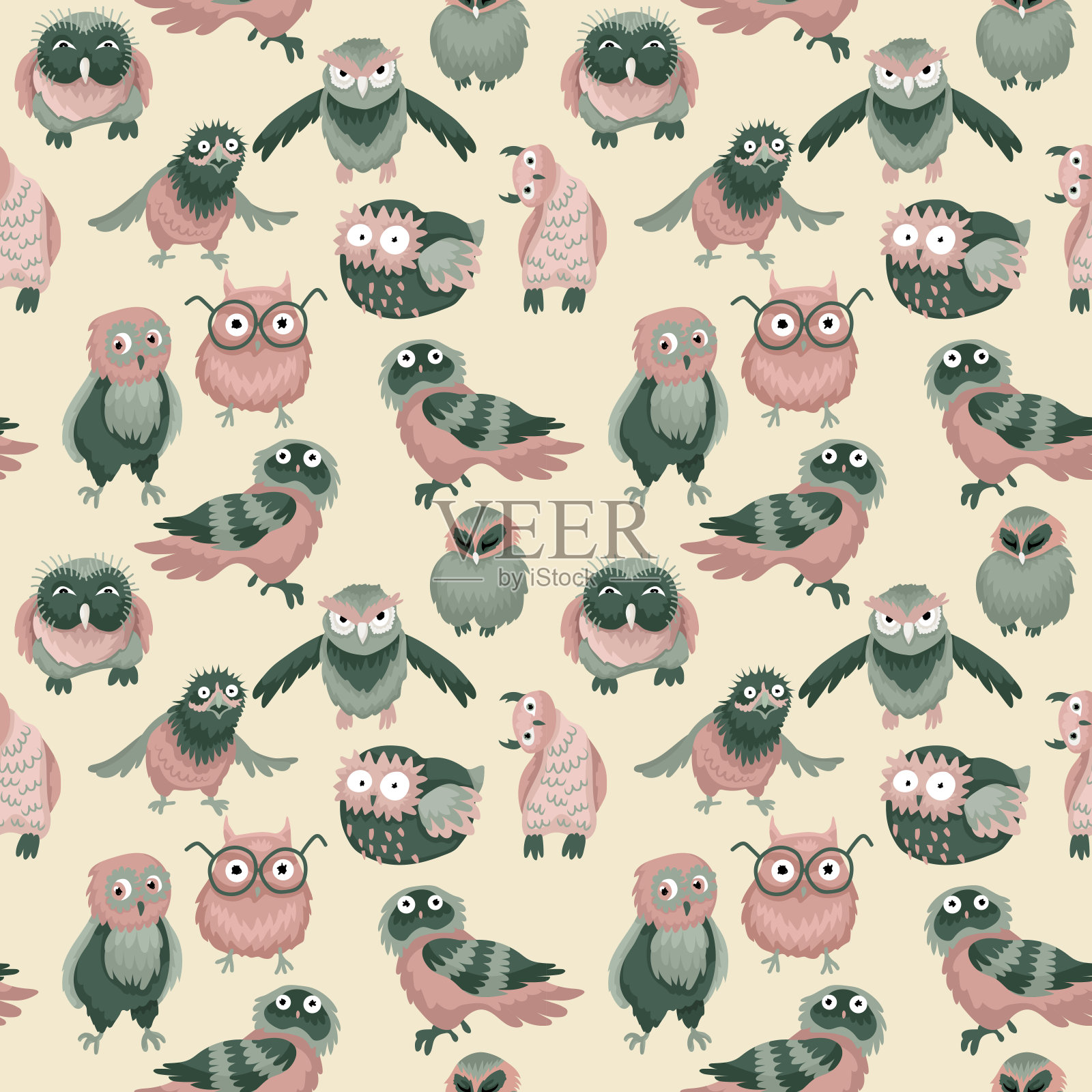 天衣无缝的图案，一只猫头鹰，不同的人物。矢量图插画图片素材
