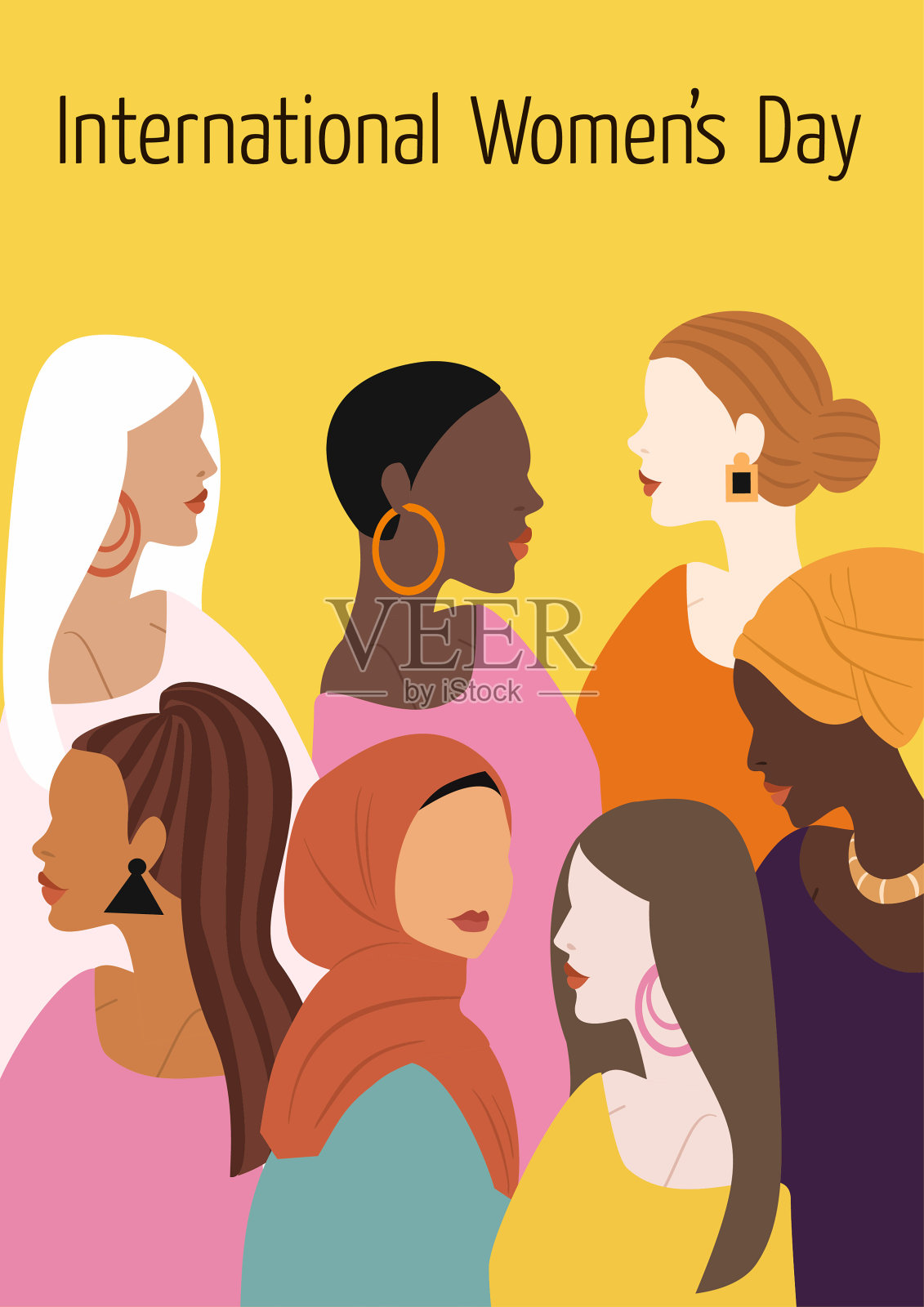 国际妇女节。矢量插图与不同国籍和文化的妇女。为自由，独立，平等而斗争。设计元素图片