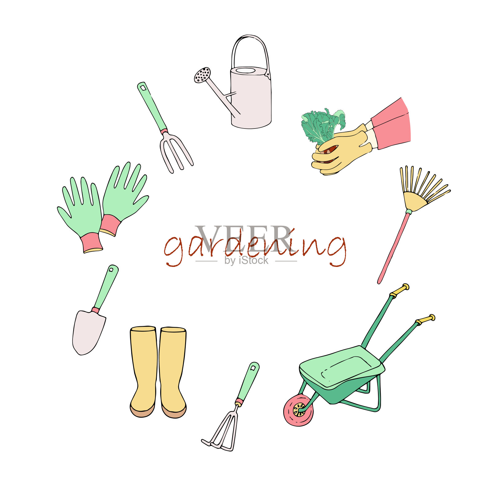 园艺图标。手推车，橡胶靴，铲子，耙子，手套，喷壶，种植手墨汁手绘丰富多彩的艺术设计元素stock矢量插图插画图片素材