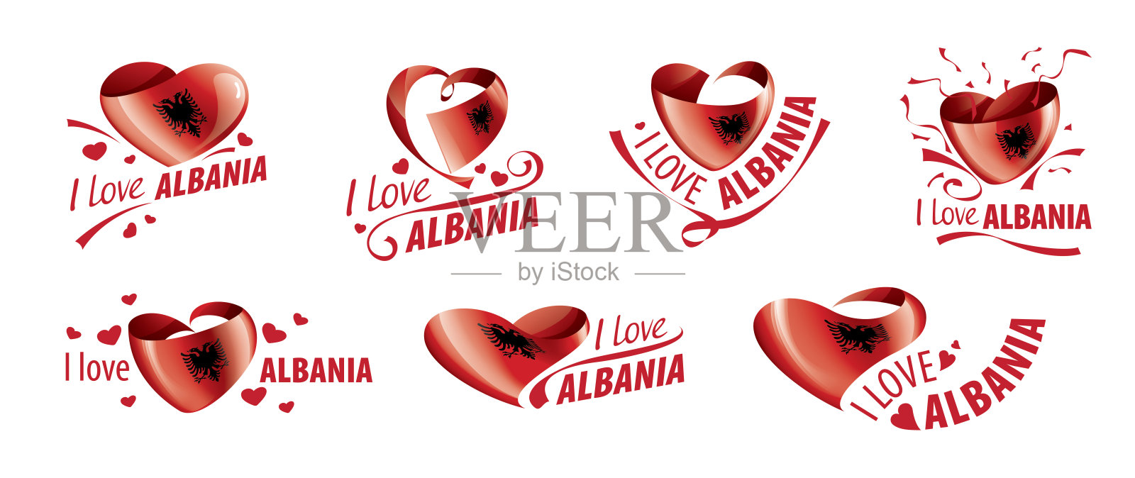 阿尔巴尼亚国旗呈心形，上面刻着“我爱阿尔巴尼亚”字样。矢量图插画图片素材