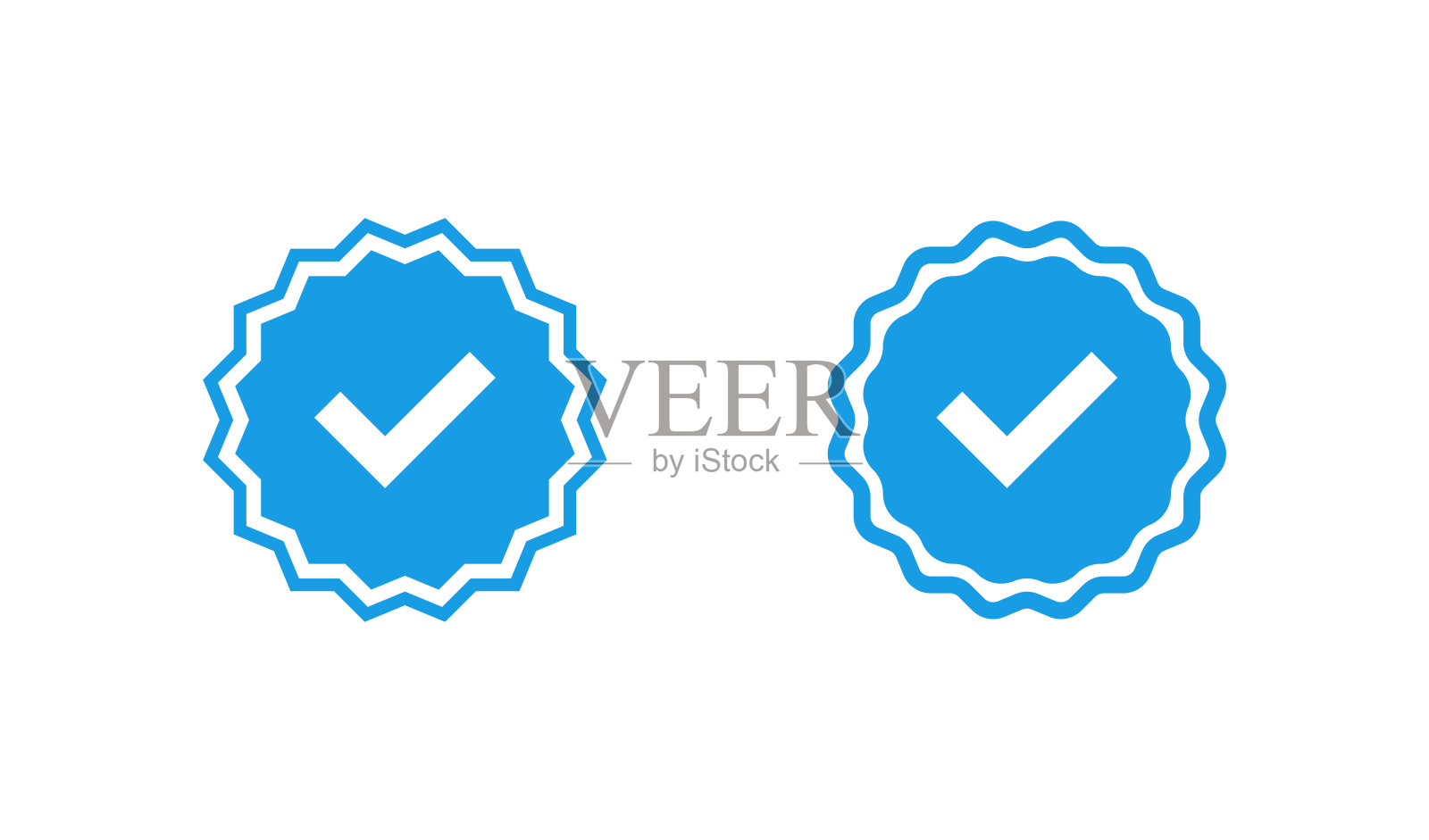 蓝色复选标记徽章图标在平面风格，矢量设计元素图片