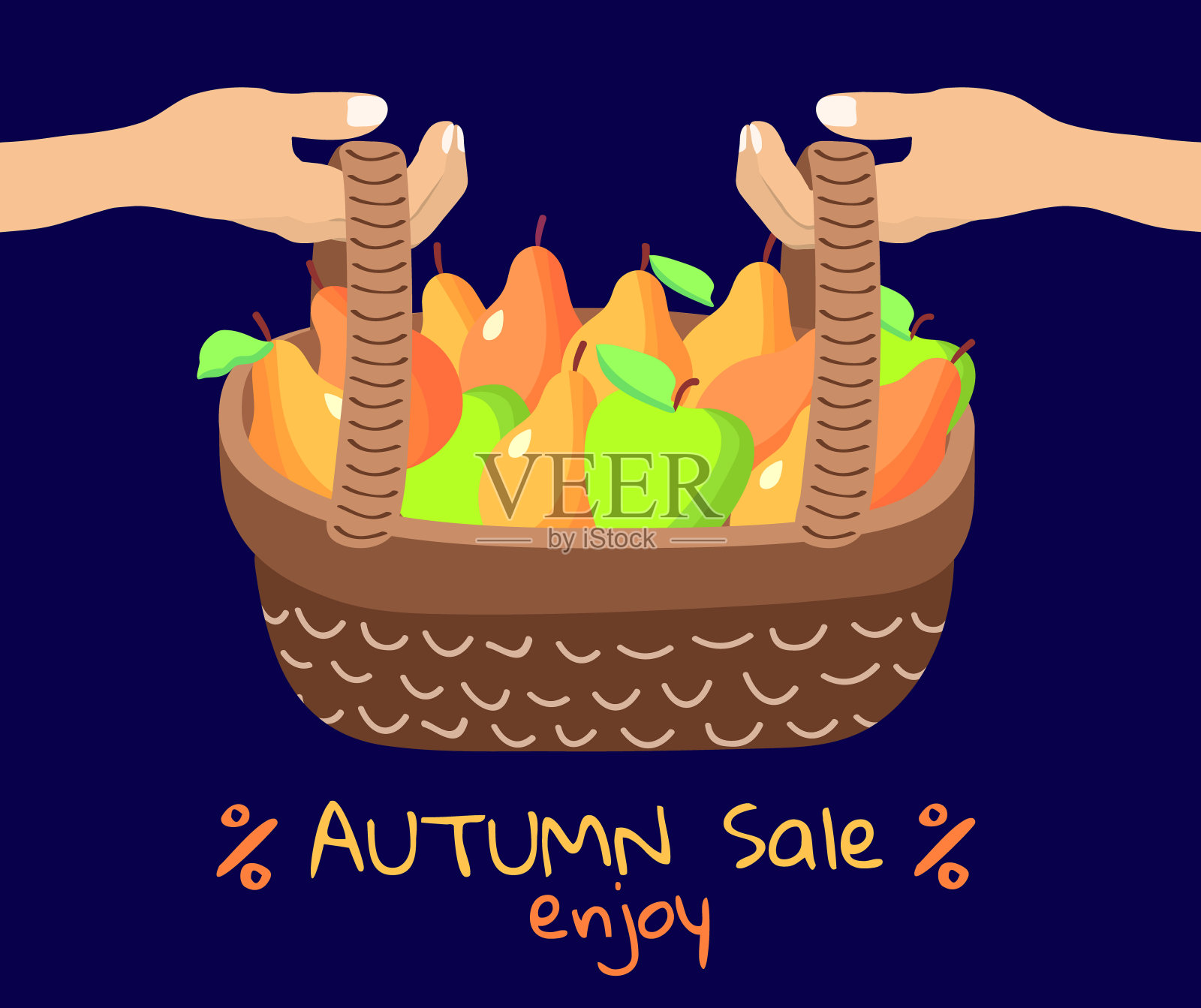 手里拿着一篮子新鲜的苹果和梨。秋天出售。设计元素图片