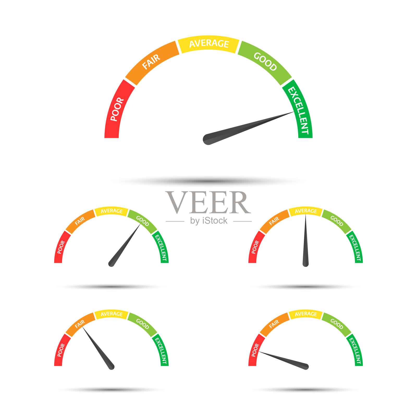 矢量插图的评级客户满意度表，件从红色到绿色不同的颜色与描述，简单的转速表，速度表和指示器隔离在白色背景插画图片素材