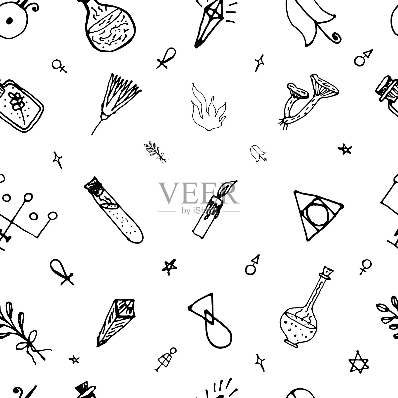 矢量无缝背景上的神秘主义主题，魔术，宗教和神秘主义与各种深奥的，占星术和炼金术符号在白色的背景。用记号笔手绘涂鸦。矢量插图。插画图片素材