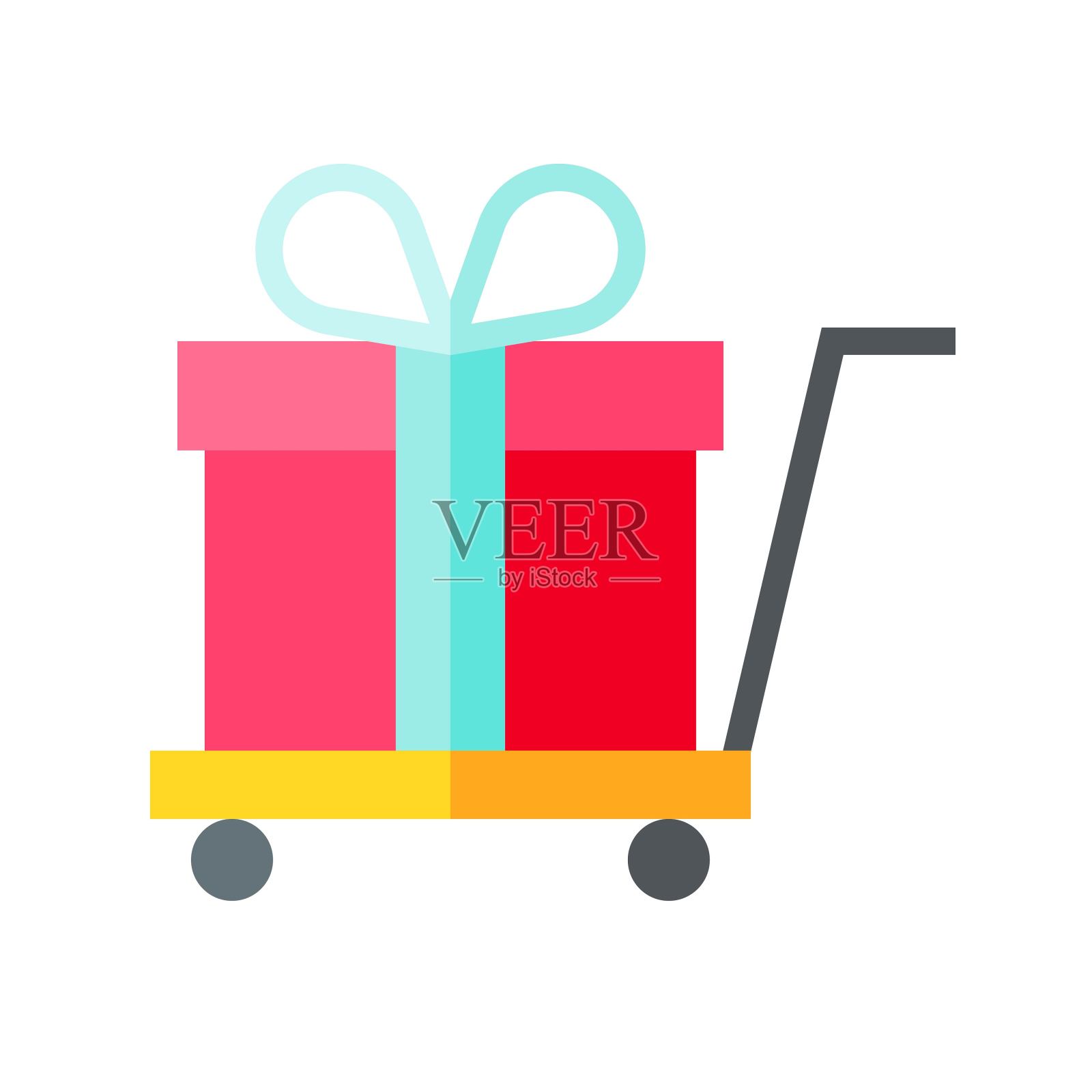 礼品盒上的推车矢量插图，平面风格的图标设计元素图片