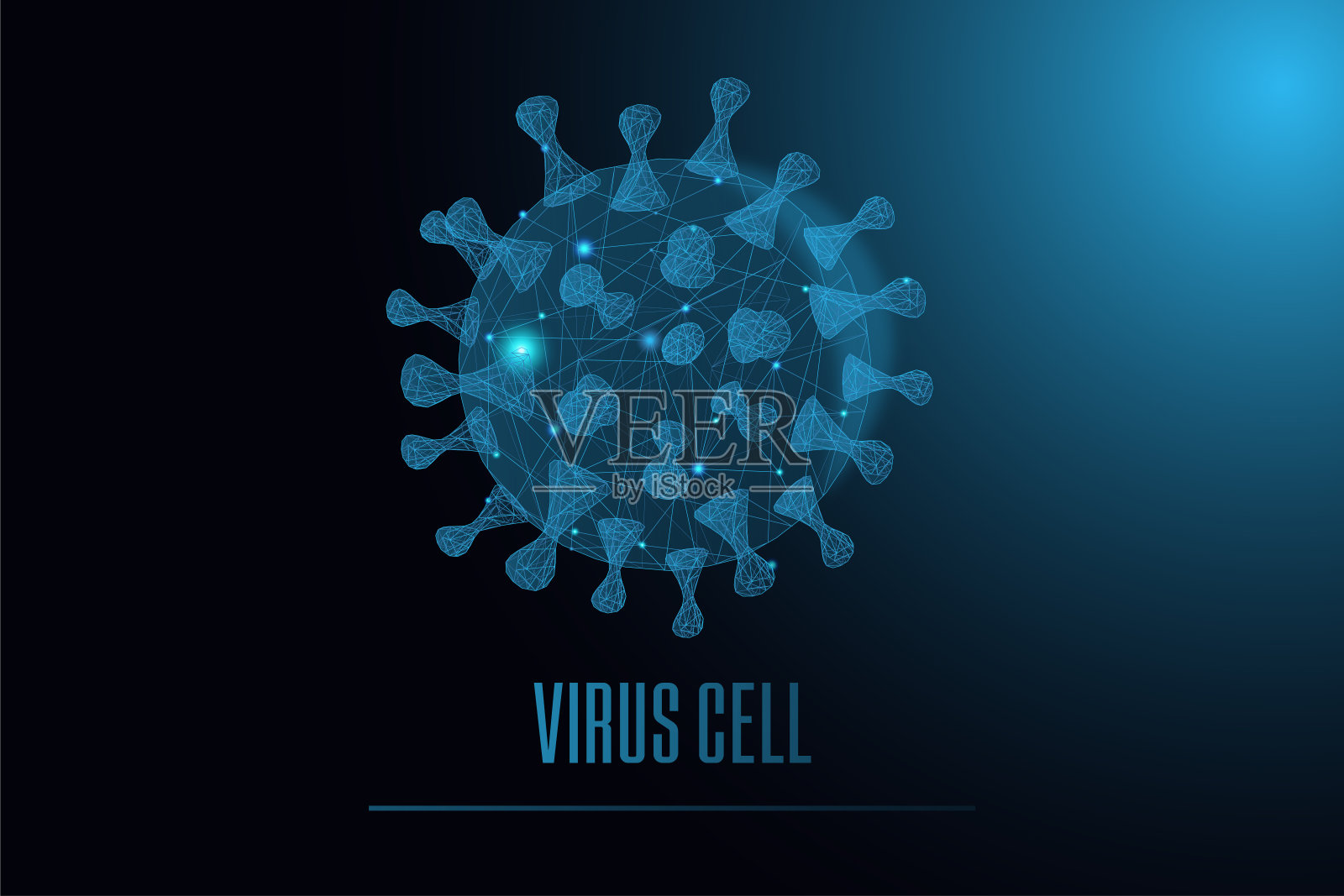在蓝色抽象背景上发光的低聚病毒细胞。矢量插图。插画图片素材