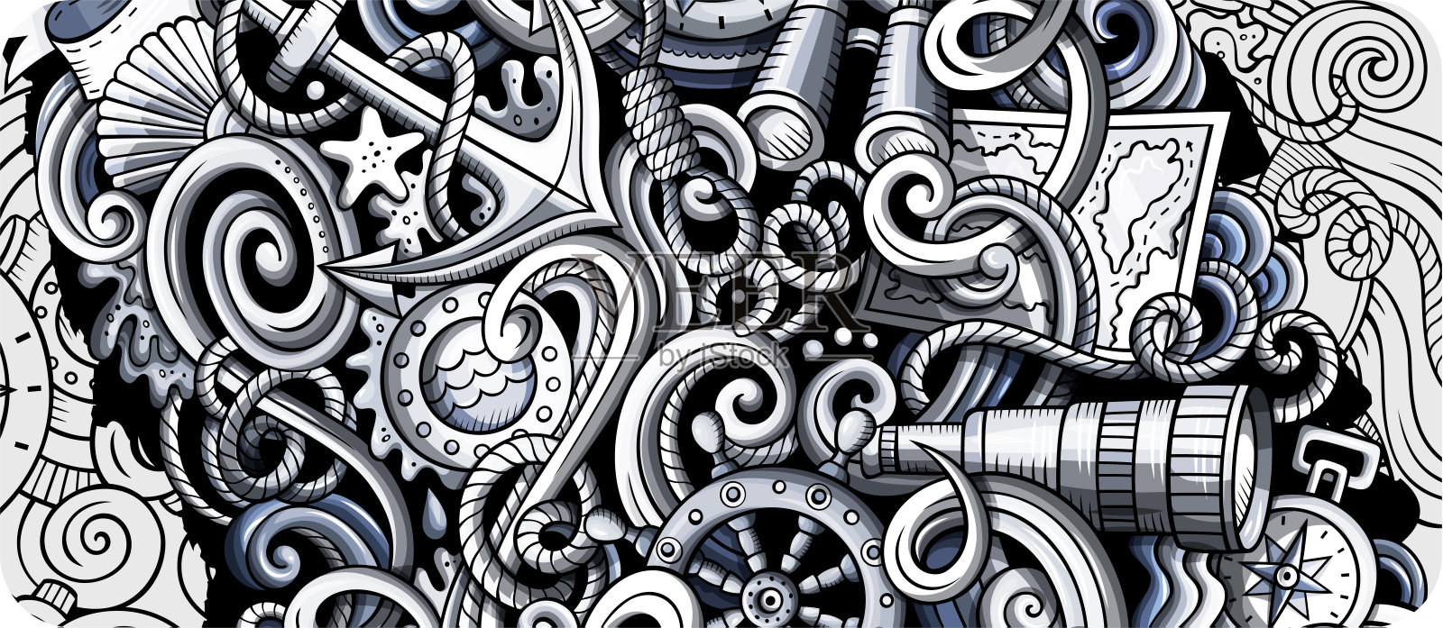 航海手绘涂鸦横幅。卡通详细的传单。插画图片素材