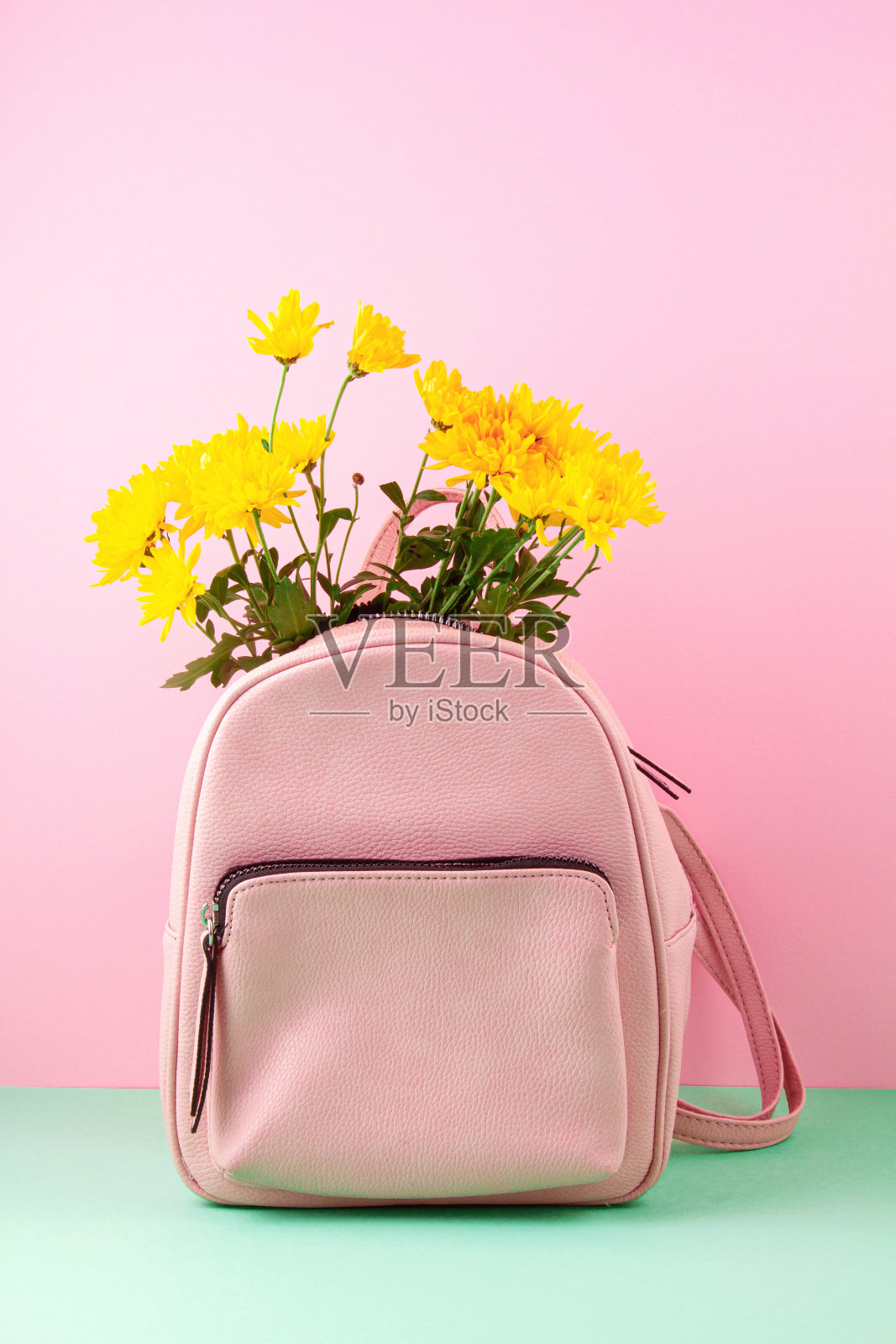 漂亮的女孩用花包着。都市女性时尚，购物，礼品创意，春夏款式照片摄影图片