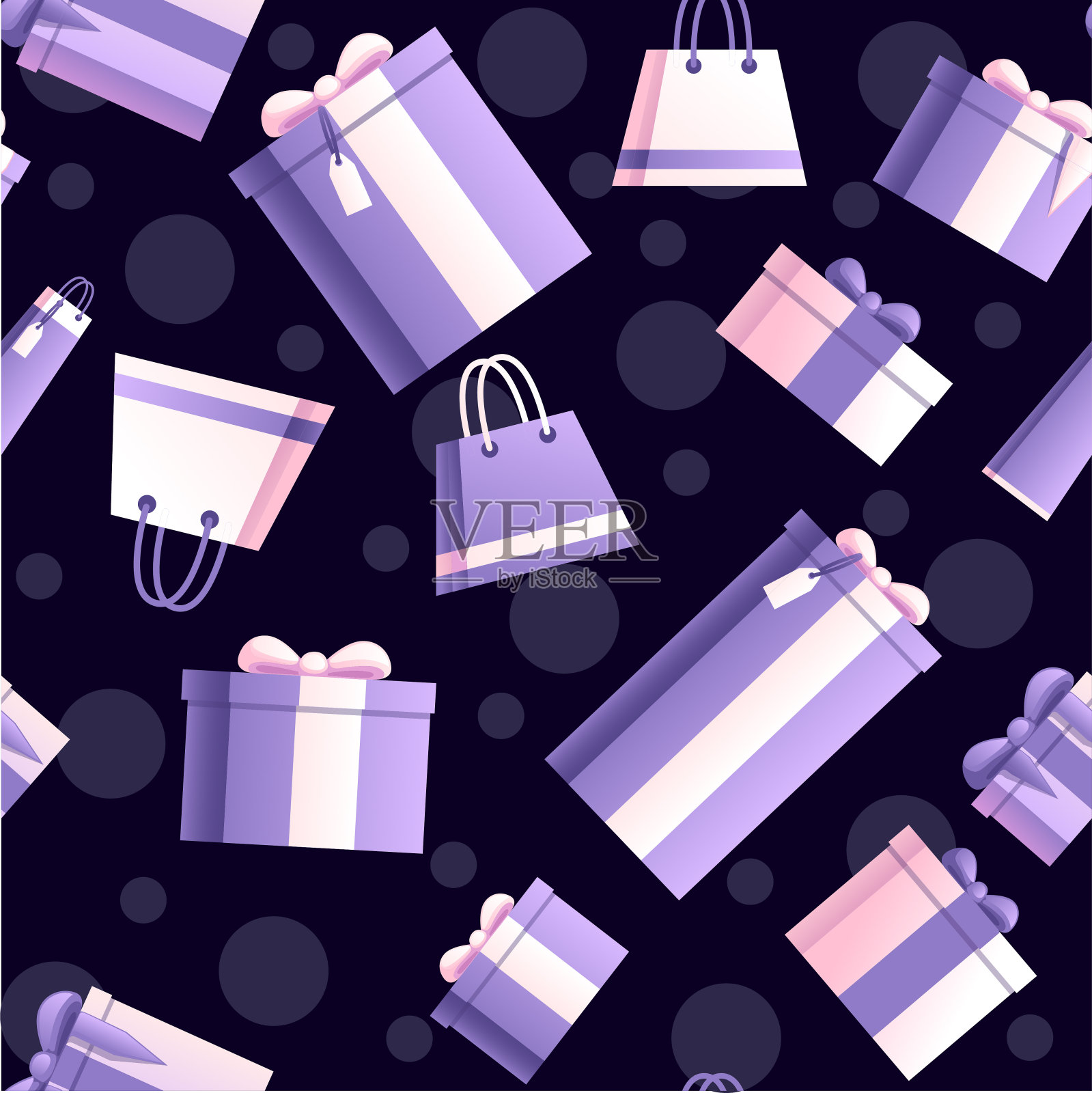 无缝模式的礼盒和购物袋与抽象的软颜色模式平面矢量插图在黑暗的背景插画图片素材