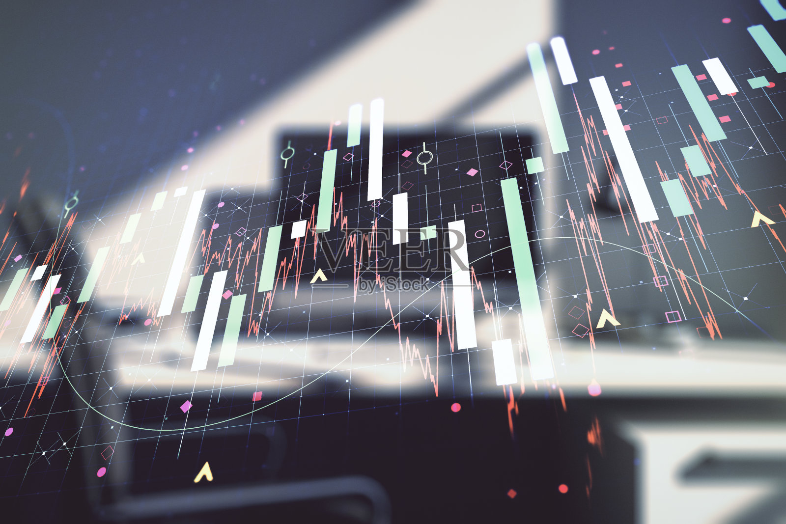 不断增长的财务图表在桌面背景与计算机。多接触。股票市场的概念照片摄影图片