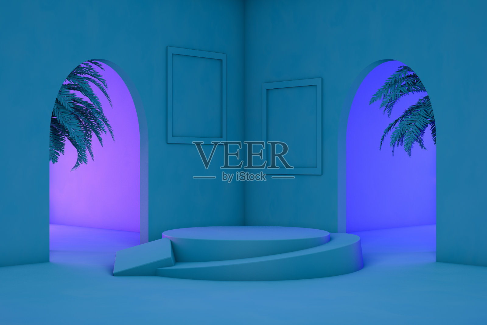 3D产品支架，底座，蓝色背景，霓虹灯照片摄影图片