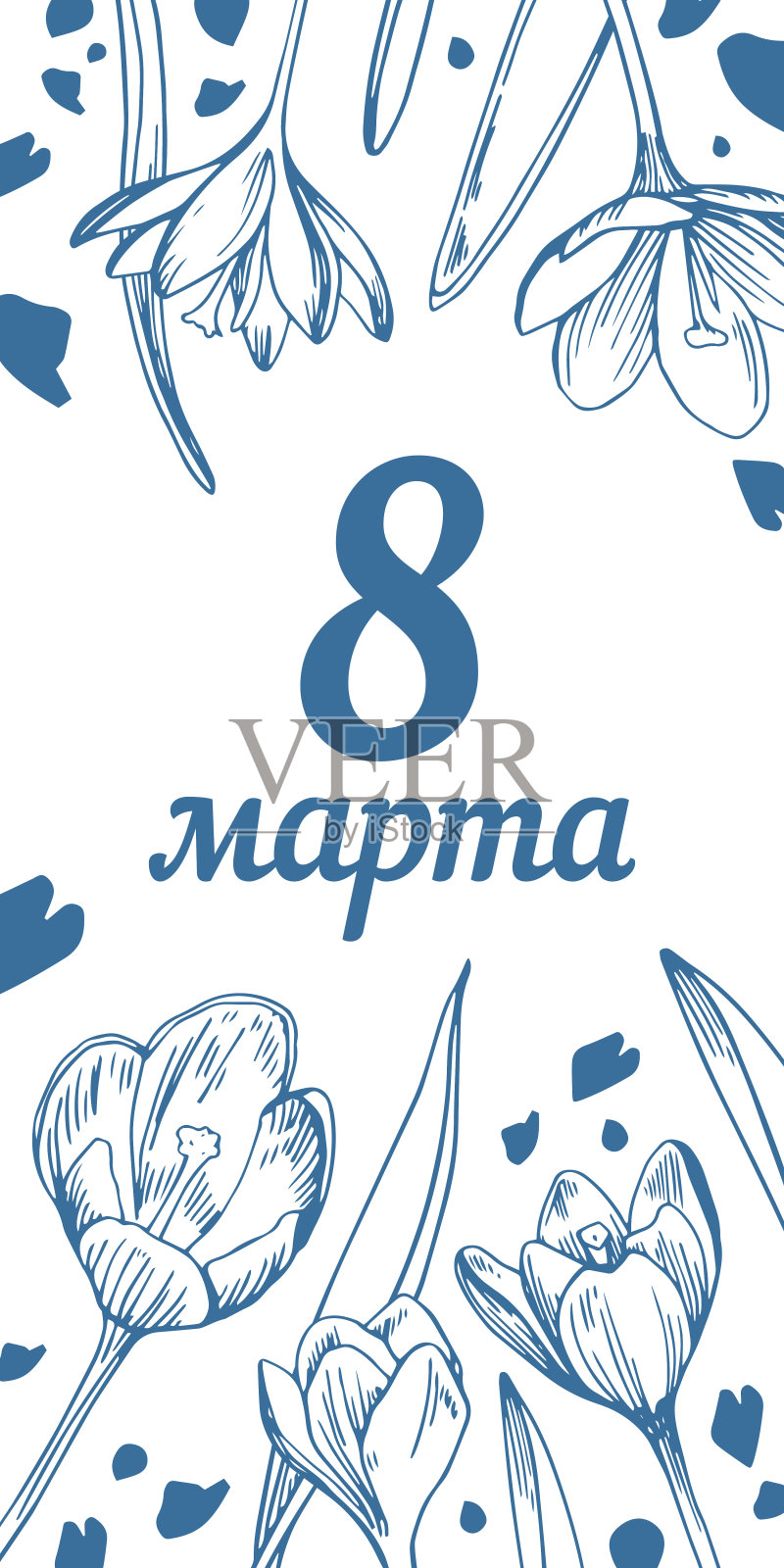 国际妇女节设计模板。垂直组成与番红花和标题在俄罗斯3月8日。手绘轮廓矢量草图插图插画图片素材