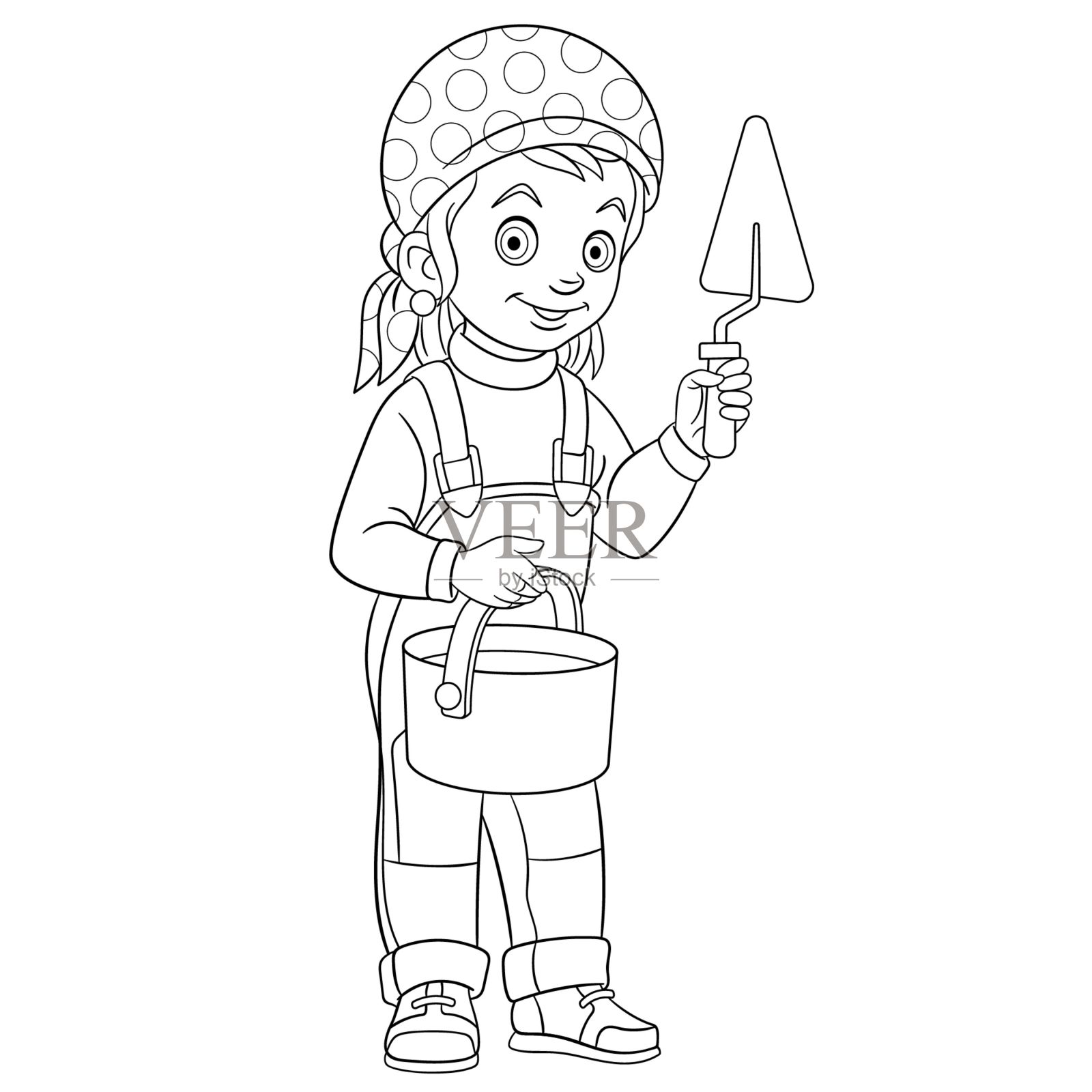 涂色页的卡通建设者妇女插画图片素材