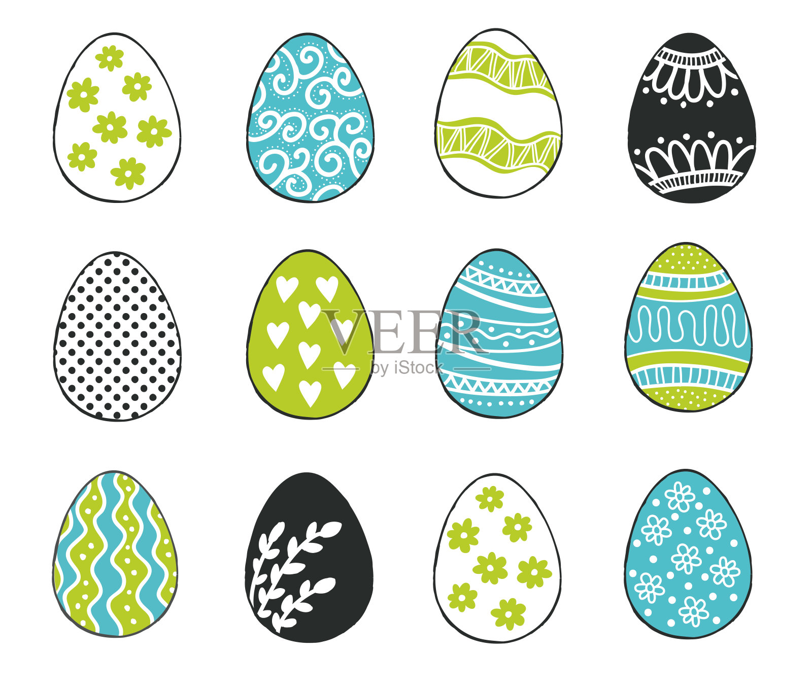 复活节快乐贺卡模板颜色蓝色和绿色与手绘现代鸡蛋。矢量插图。插画图片素材