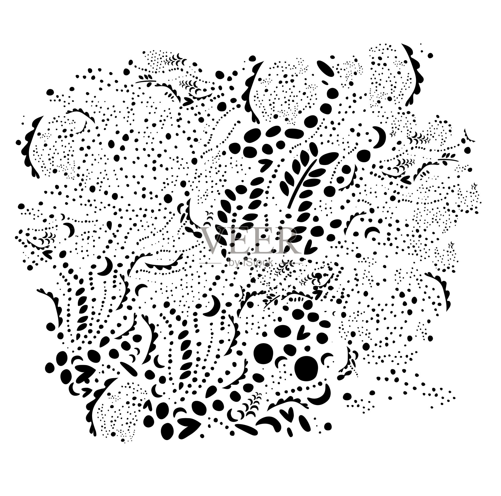 神秘的森林。带有花卉元素的精致自然点缀。附庸风雅的向量。手绘的黑白有机插图。华丽的亚洲设计风格的主题为卡片，艺术印刷品，壁纸，纺织印刷品插画图片素材