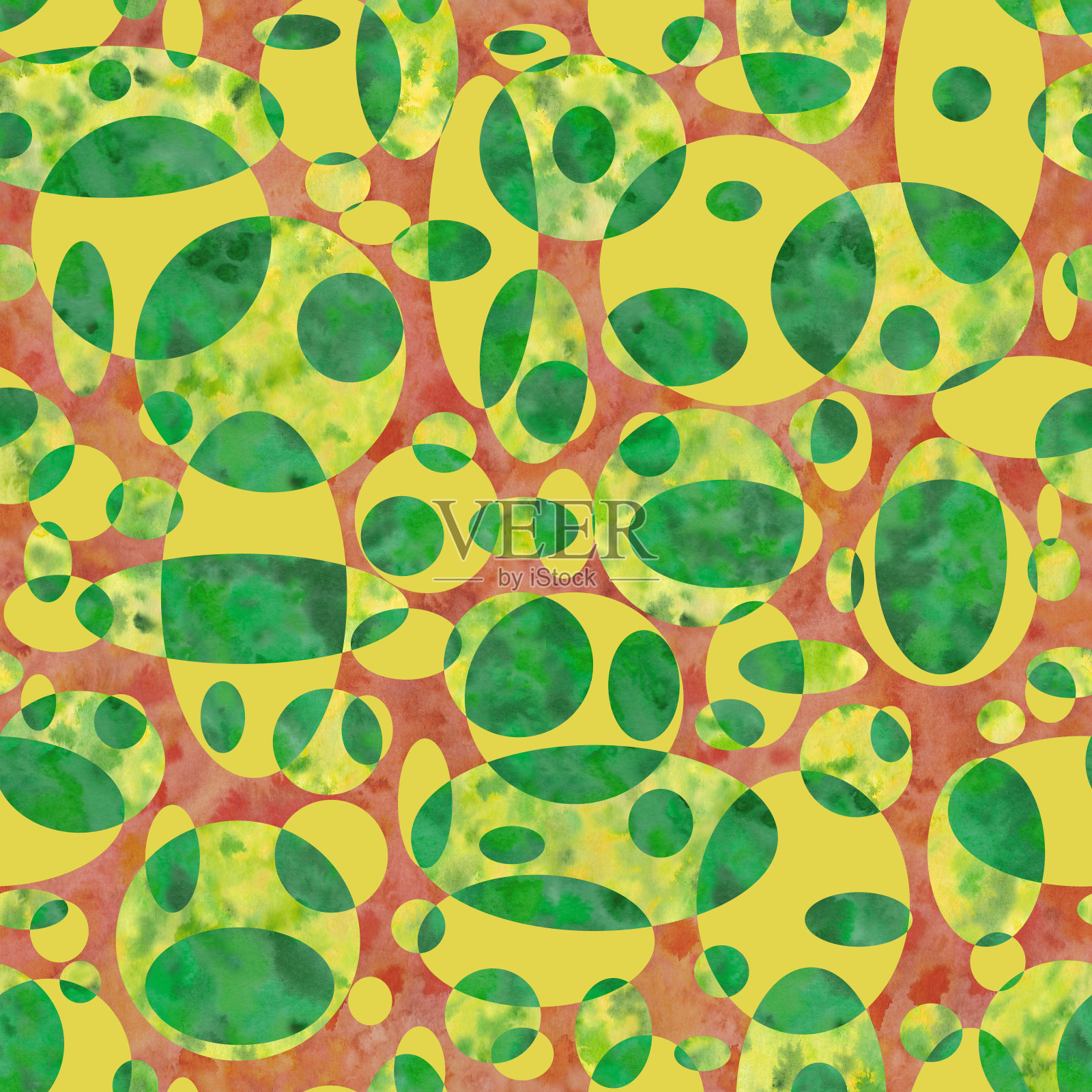 几何绿色水彩圈抽象背景飞溅，滴。无缝模式。插画图片素材