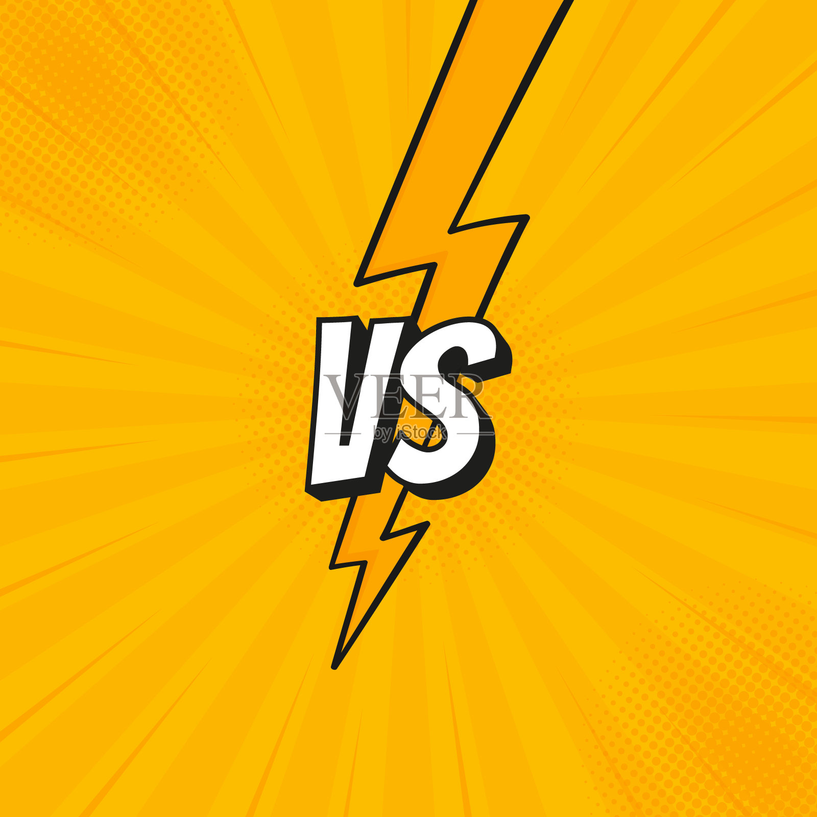 VS标志与闪电隔离在战斗背景在平面漫画风格设计与半色调，闪电战斗，运动，比赛，比赛，比赛游戏。矢量图插画图片素材